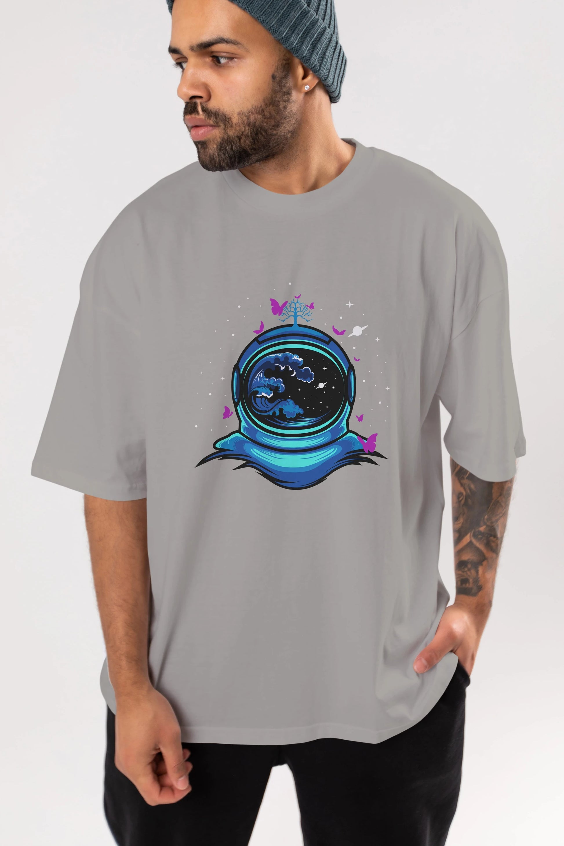 Astronaut and Butterfly Ön Baskılı Oversize t-shirt Erkek Kadın Unisex