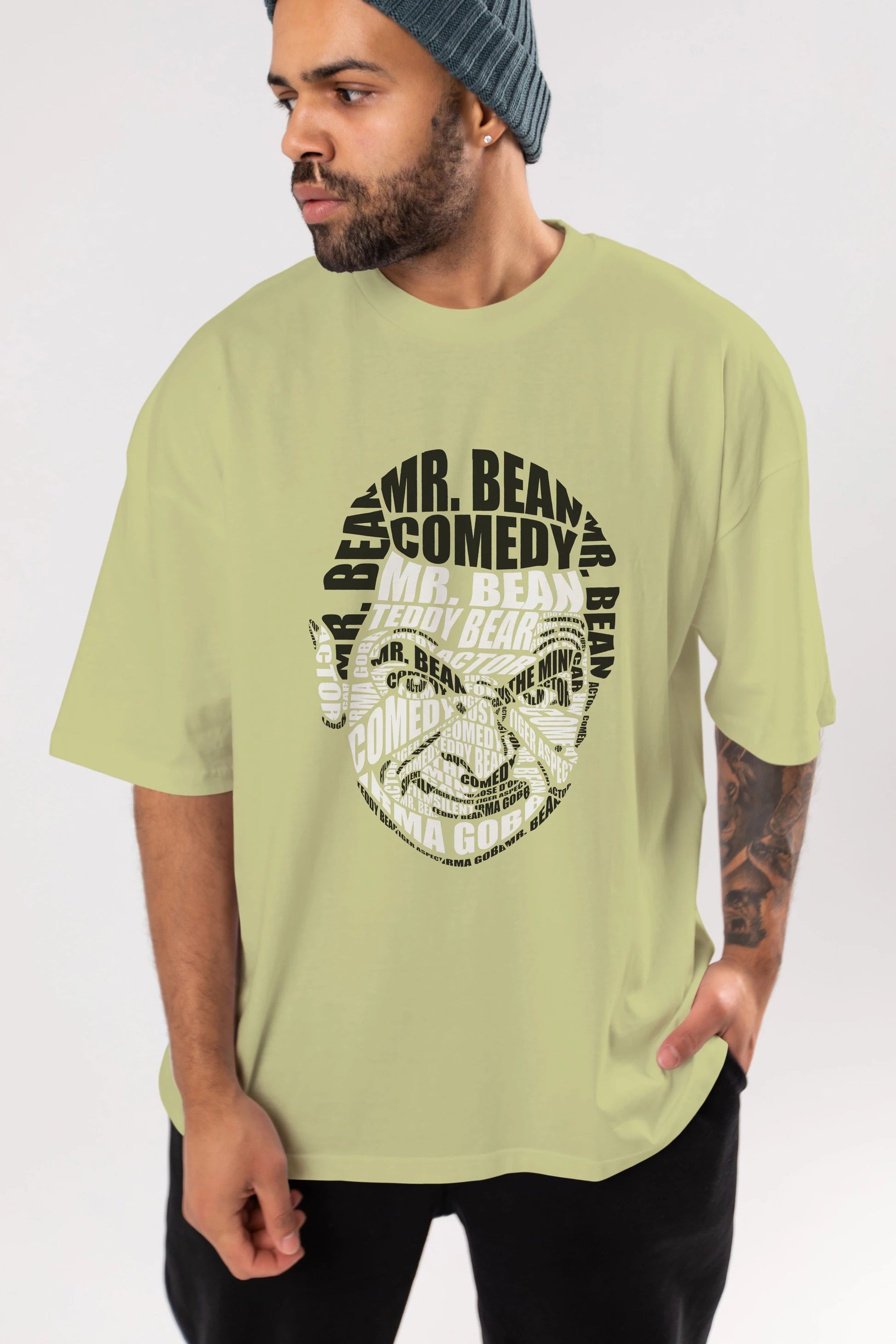Mr Bean Calligram Ön Baskılı Oversize t-shirt %100 pamuk Erkek Kadın Unisex