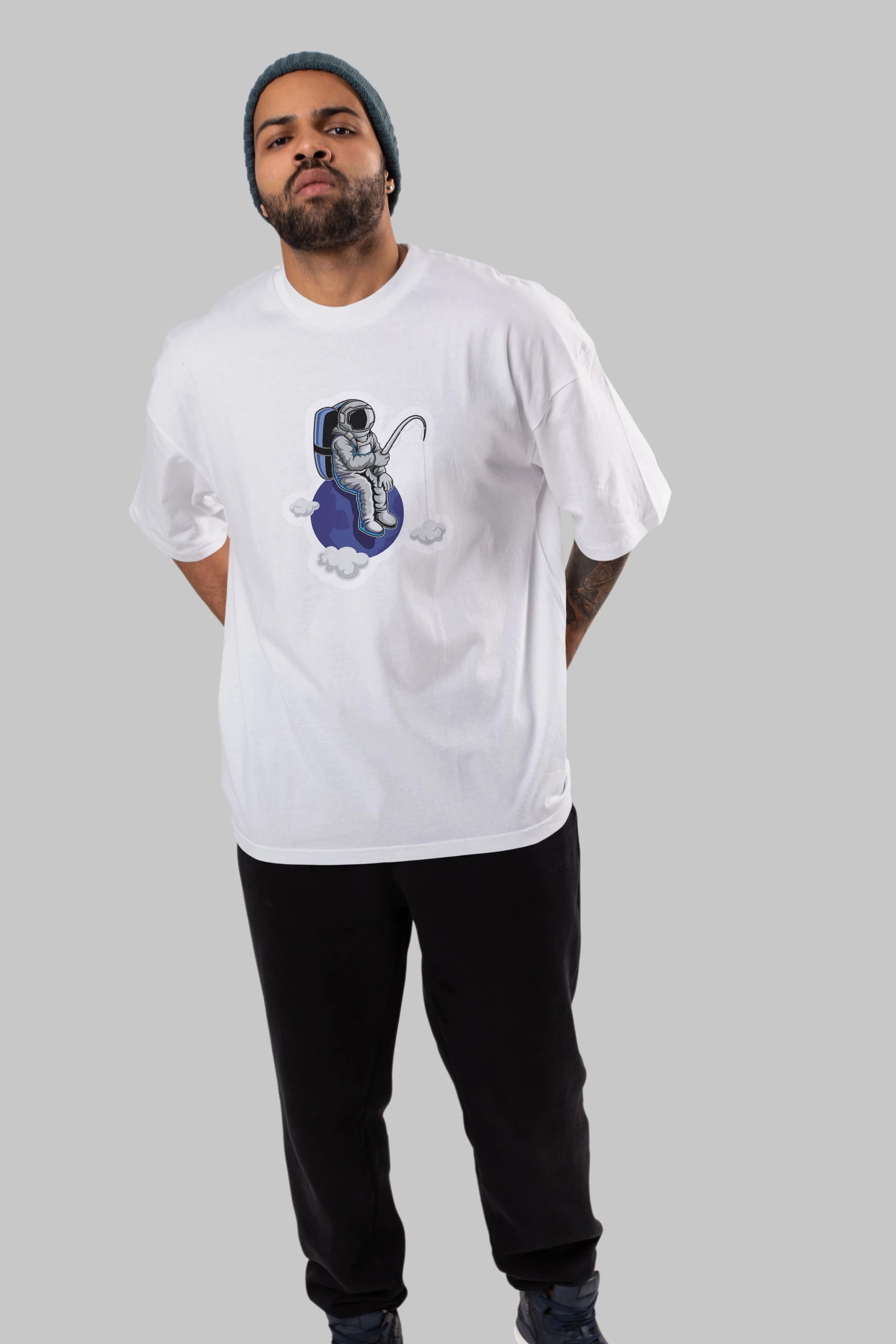 Astronaut Fishing Sticker Ön Baskılı Oversize t-shirt Erkek Kadın Unisex