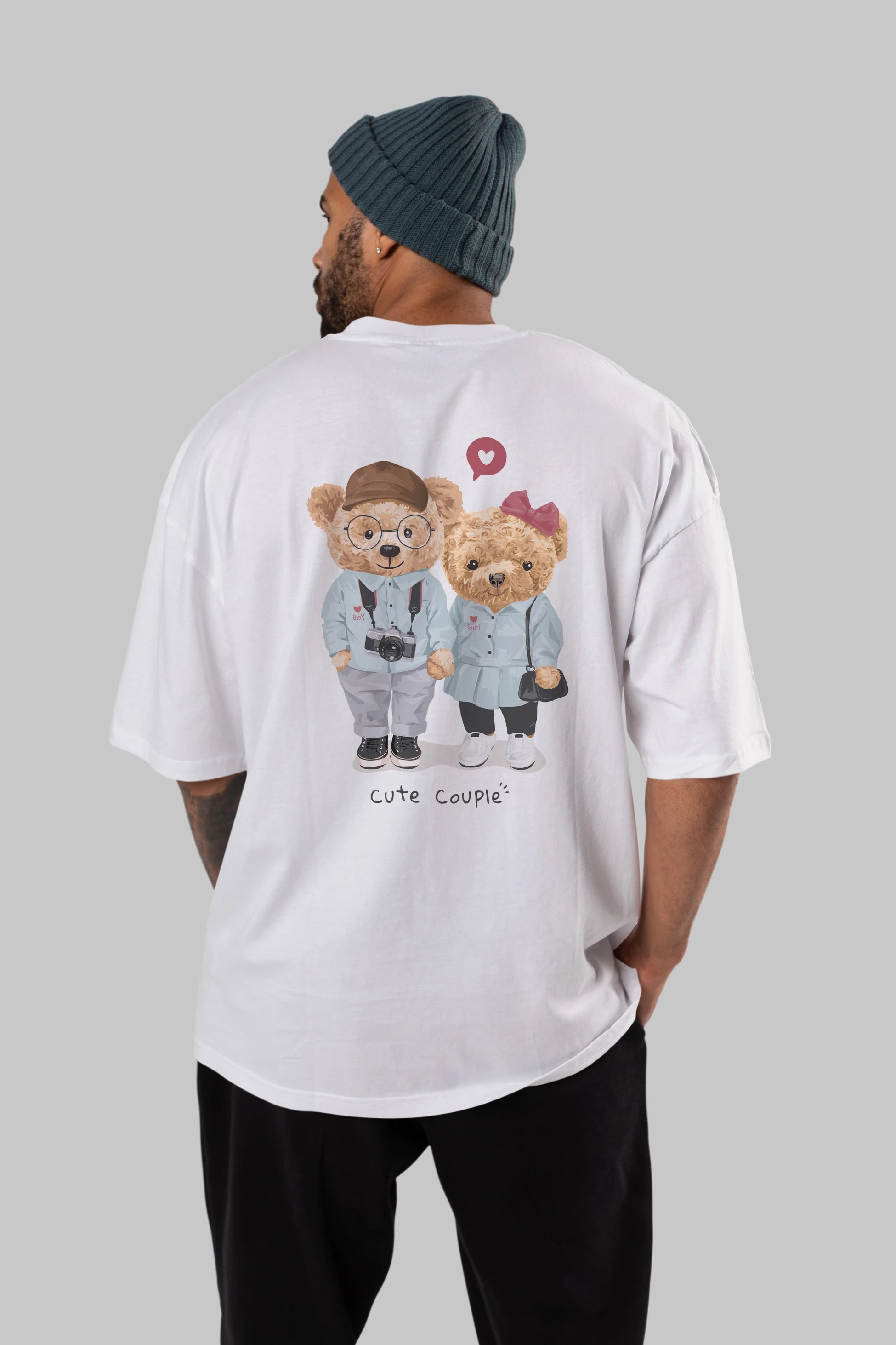 Teddy Bear Cute Couple Arka Baskılı Oversize t-shirt Erkek Kadın Unisex %100 Pamuk