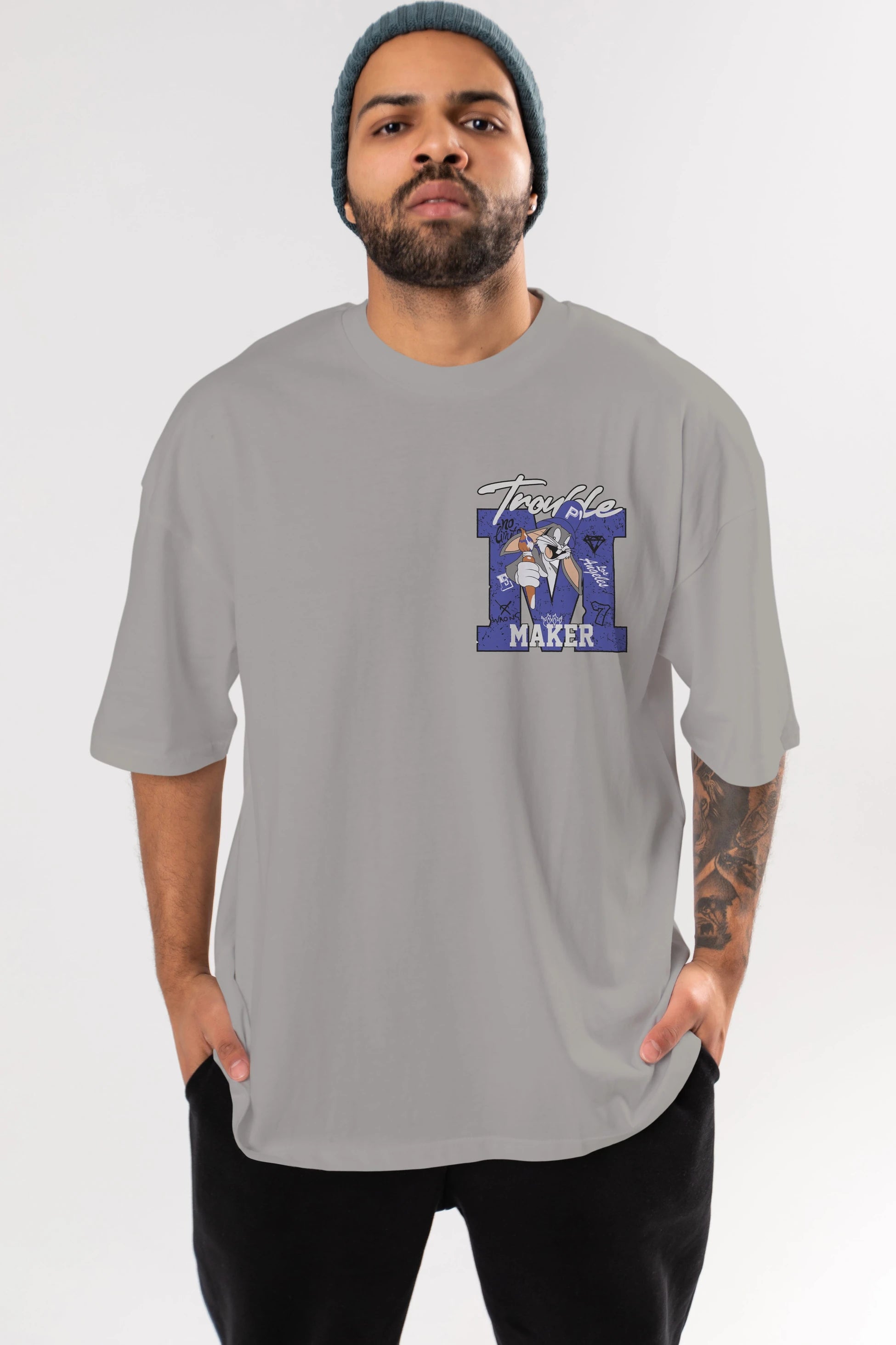 Bugs Bunny Ön Sol Baskılı Oversize t-shirt Erkek Kadın Unisex %100 Pamuk Bisiklet Yaka tişort
