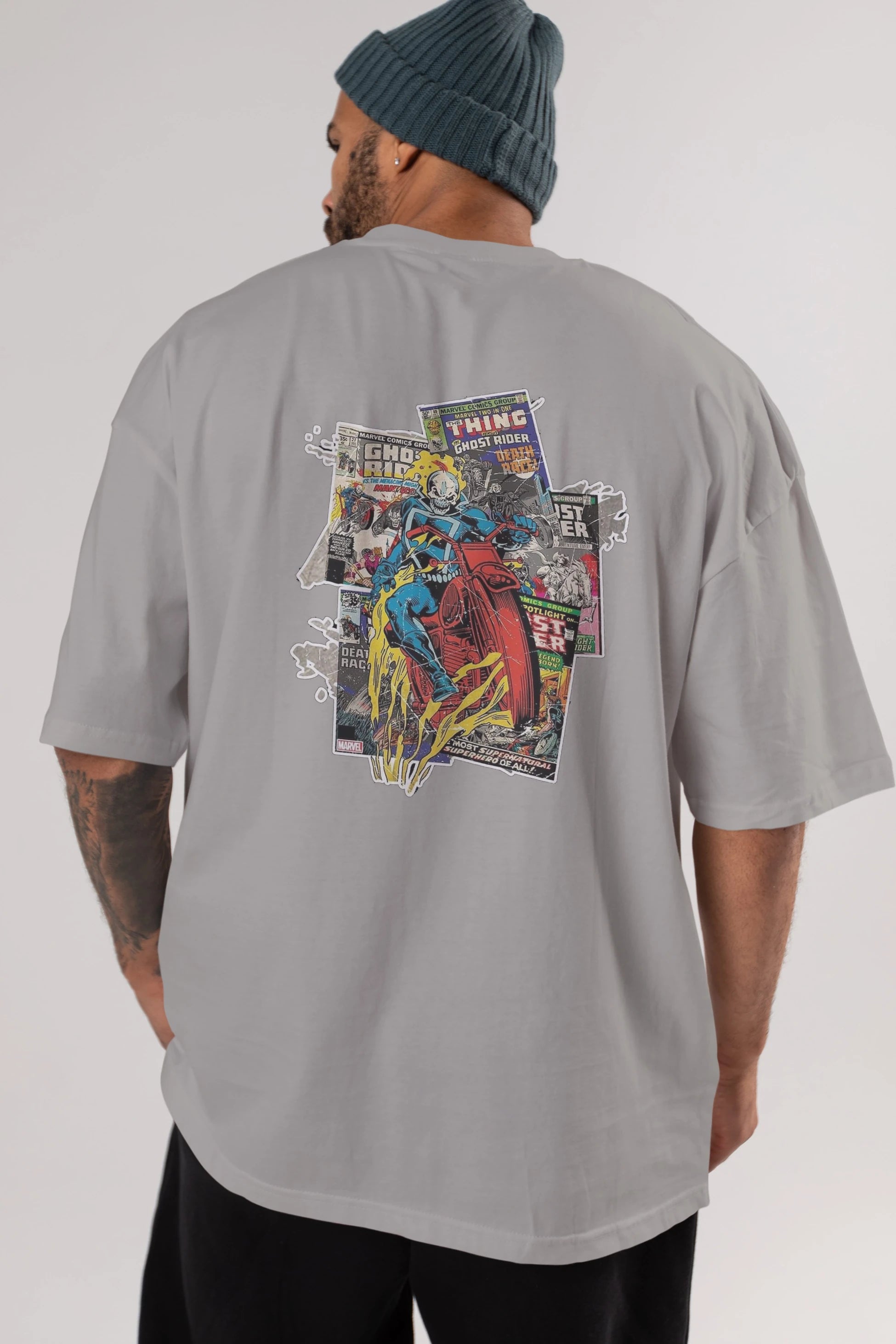 Ghost Rider Arka Baskılı Oversize t-shirt Erkek Kadın Unisex %100 Pamuk Bisiklet Yaka tişort