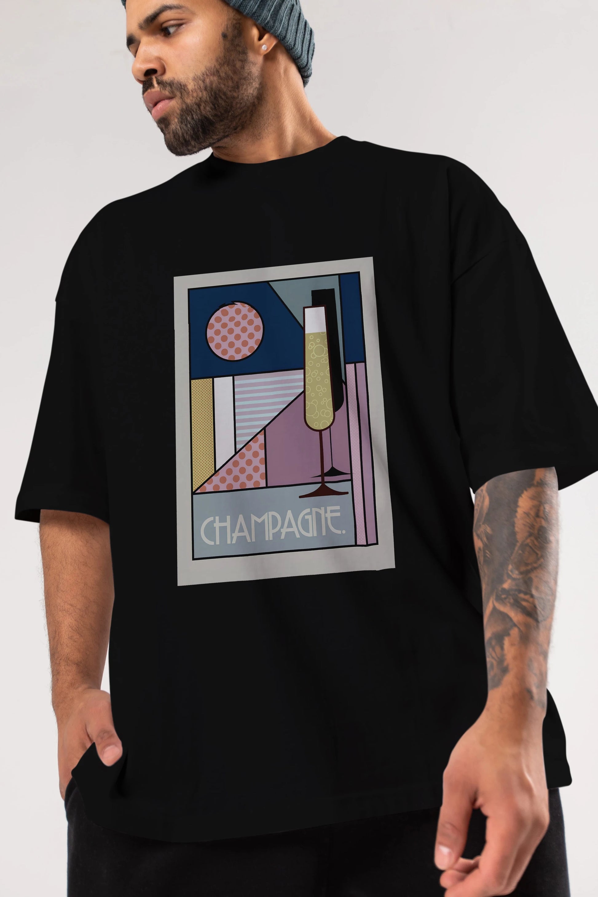 Champagne Ön Baskılı Oversize t-shirt Erkek Kadın Unisex %100 Pamuk Bisiklet Yaka tişort