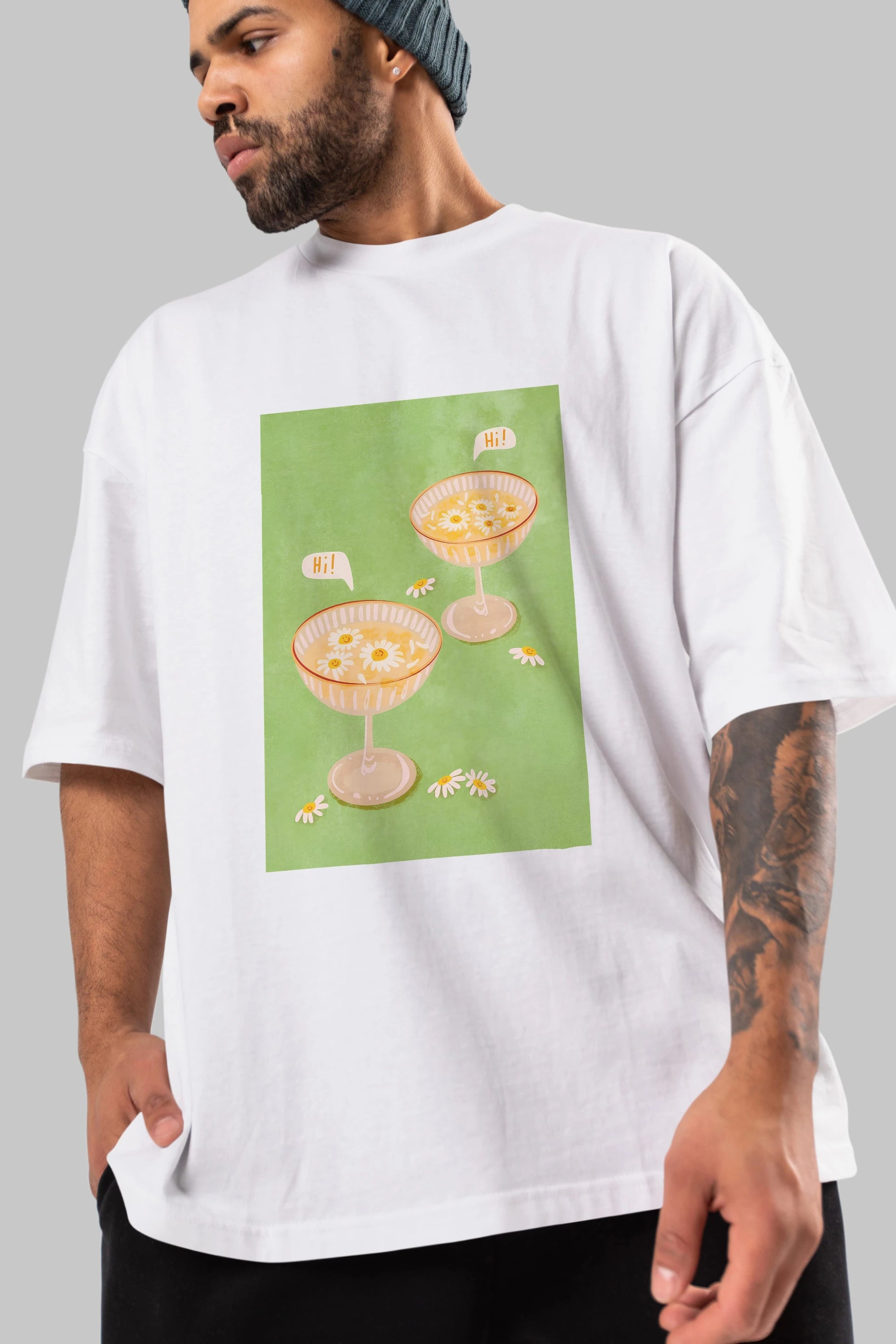 Hi Cheers Ön Baskılı Oversize t-shirt Erkek Kadın Unisex %100 Pamuk Bisiklet Yaka tişort