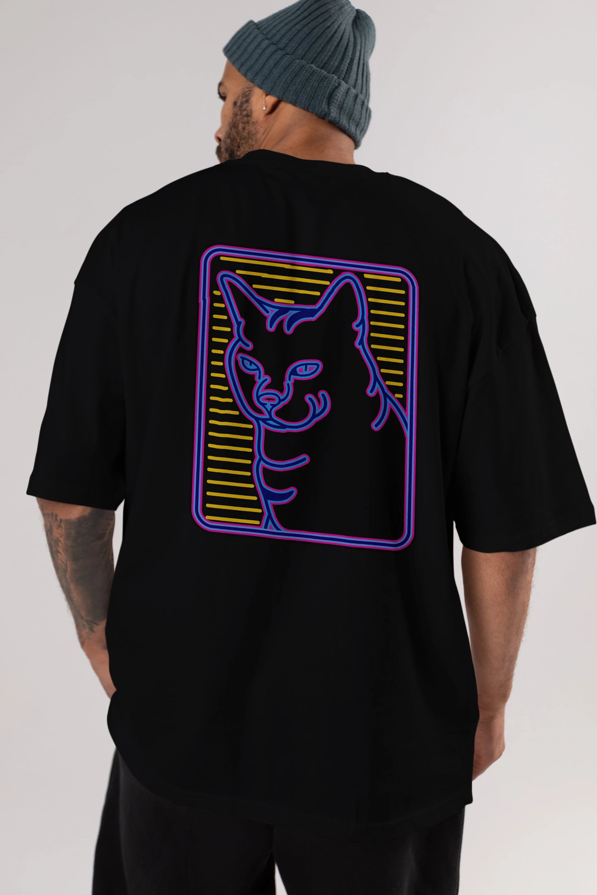 Neon Cat Arka Baskılı Oversize t-shirt Erkek Kadın Unisex