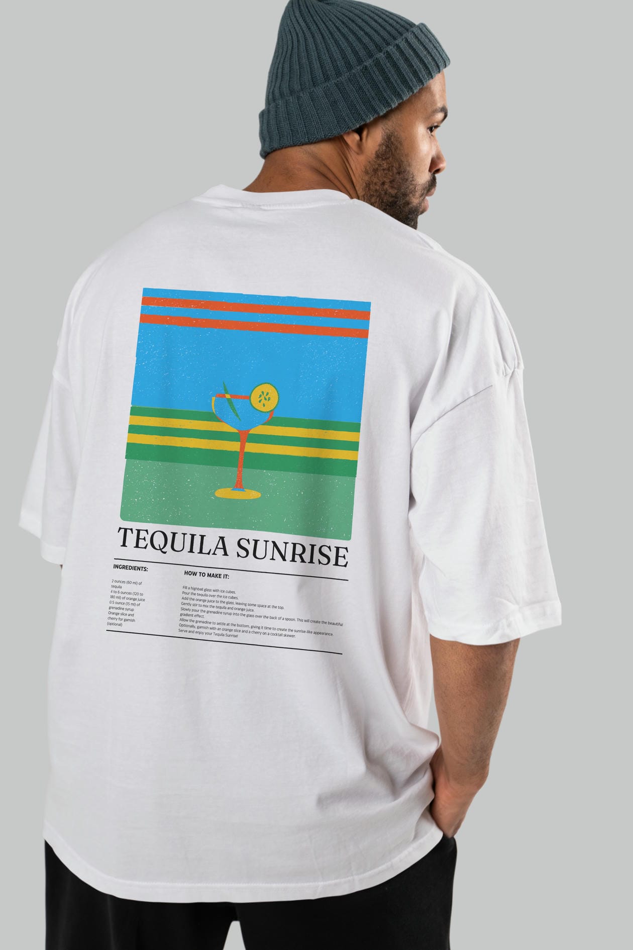 Tequila Sunrise Kokteyl Serisi Arka Baskılı Oversize t-shirt Erkek Kadın %100 Pamuk Bisiklet Yaka tişort
