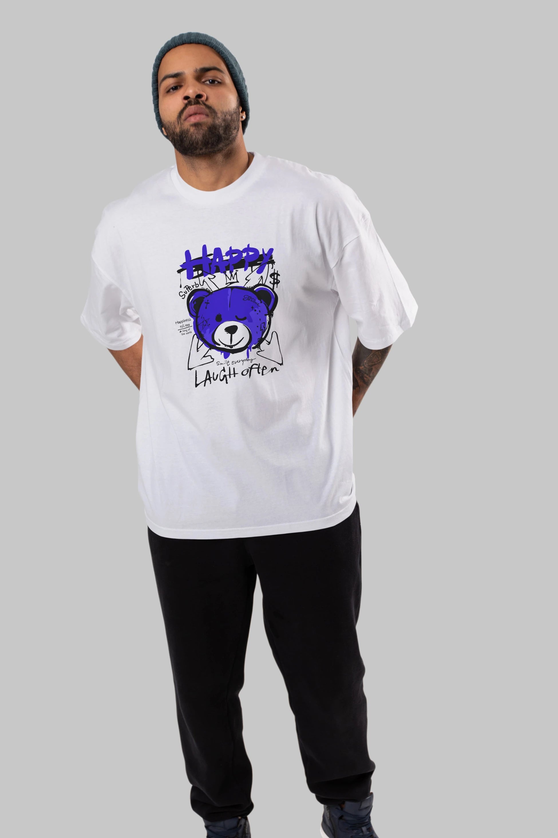 Happy Bear Ön Baskılı Oversize t-shirt Erkek Kadın Unisex