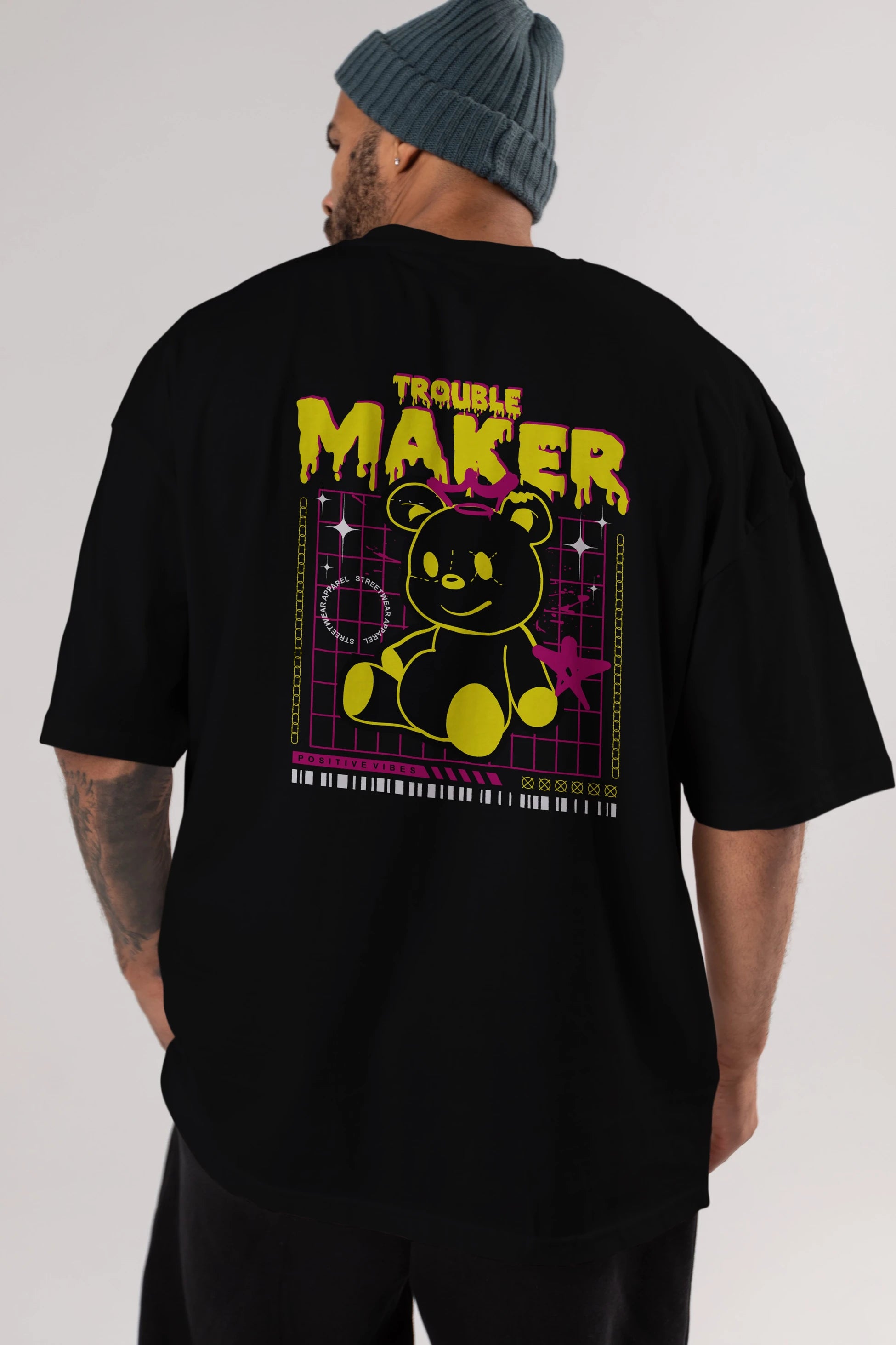 Teddy Bear Trouble Maker Arka Baskılı Oversize t-shirt Erkek Kadın Unisex
