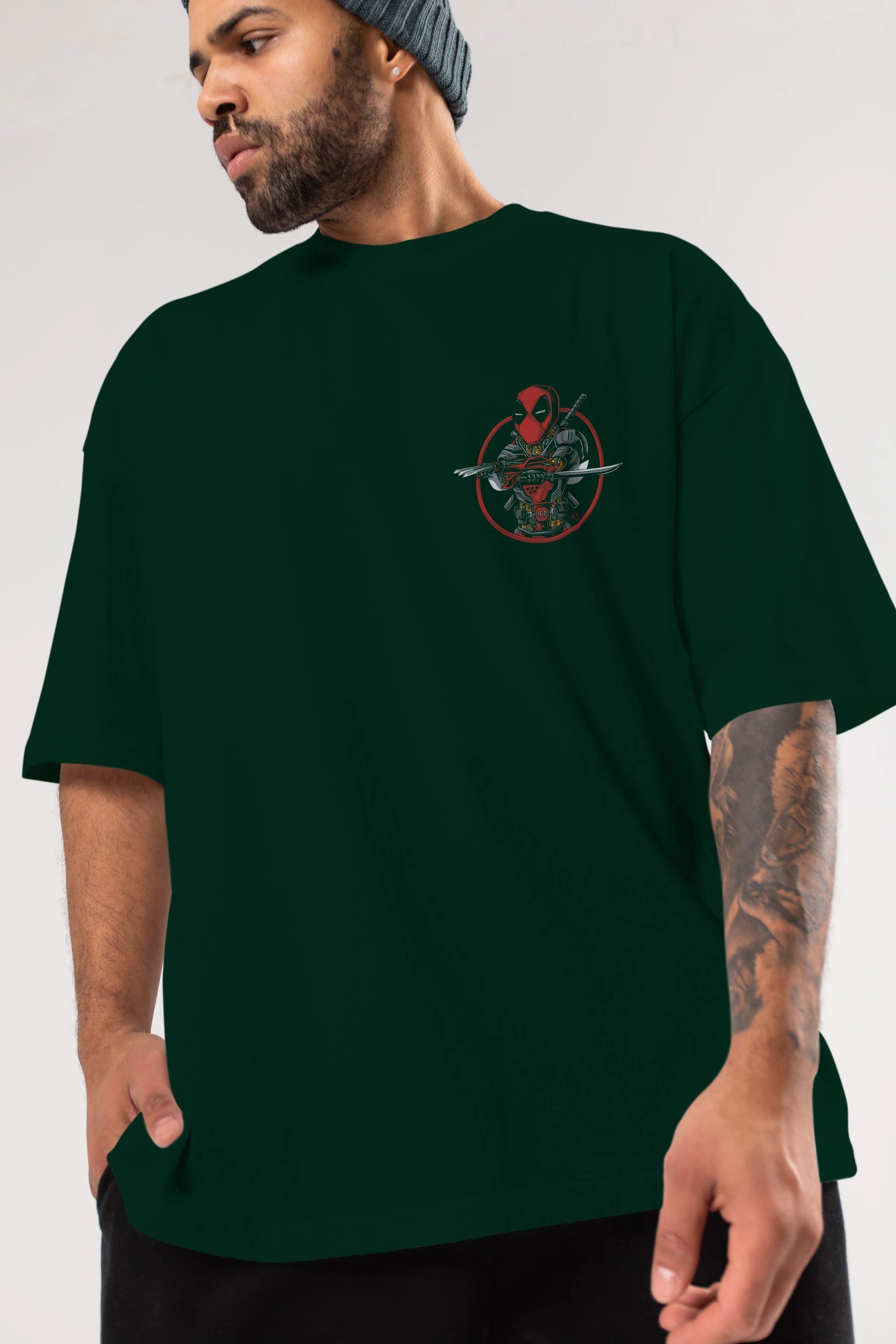 Deadpool (5) Ön Sol Baskılı Oversize t-shirt Erkek Kadın Unisex %100 Pamuk Bisiklet Yaka tişort