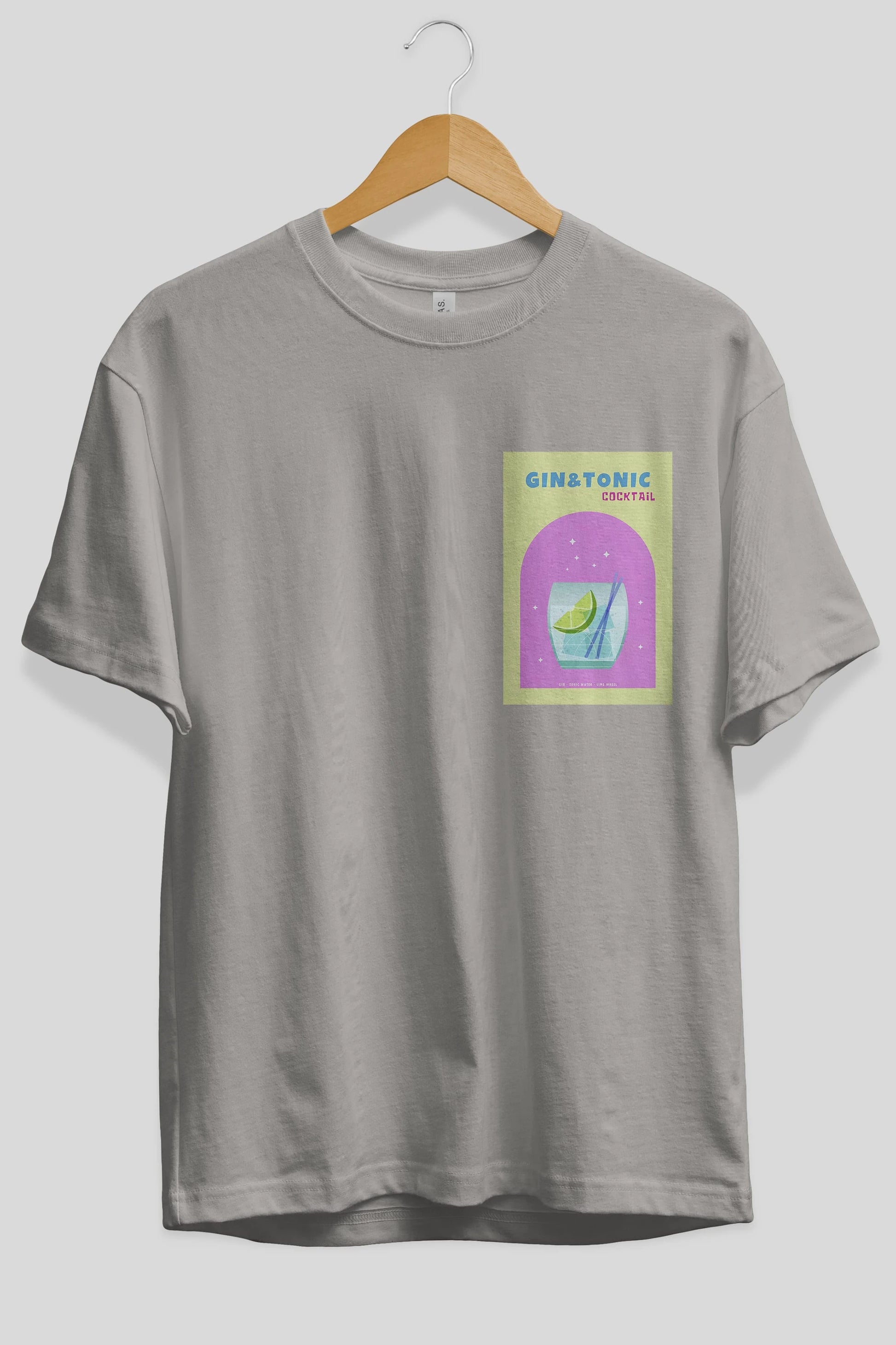 Gin Tonic Cocktail Ön Sol Baskılı Oversize t-shirt Erkek Kadın Unisex %100 Pamuk Bisiklet Yaka tişort