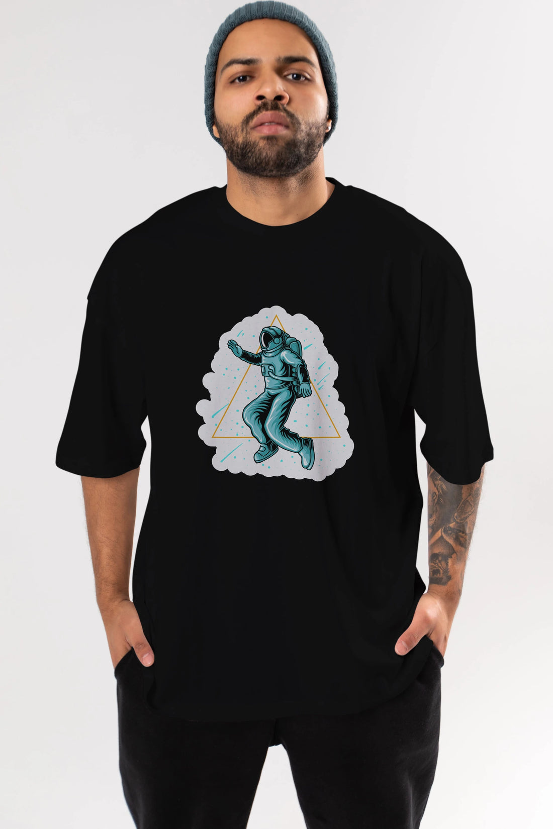 Astronaut Starry Triangle Sticker Ön Baskılı Oversize t-shirt Erkek Kadın Unisex