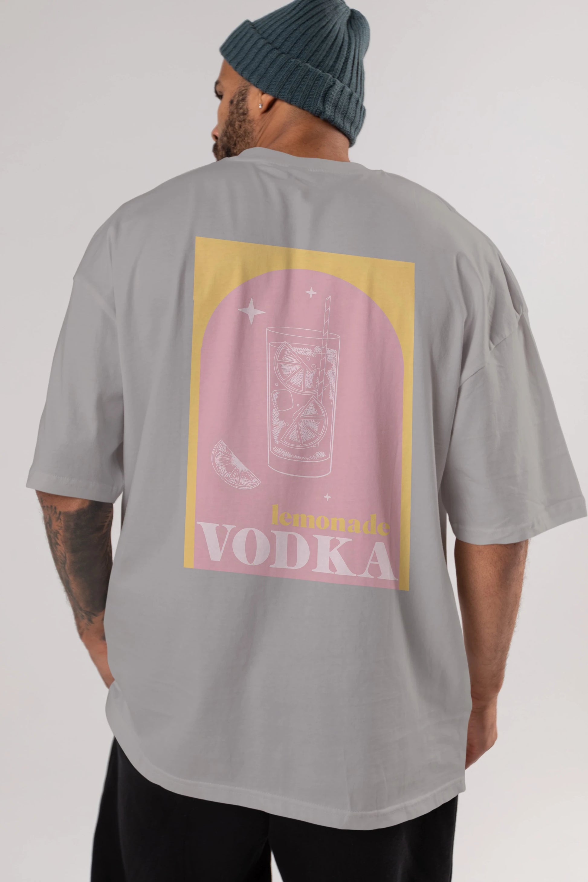 Vodka Limon Arka Baskılı Oversize t-shirt Erkek Kadın Unisex %100 Pamuk Bisiklet Yaka tişort