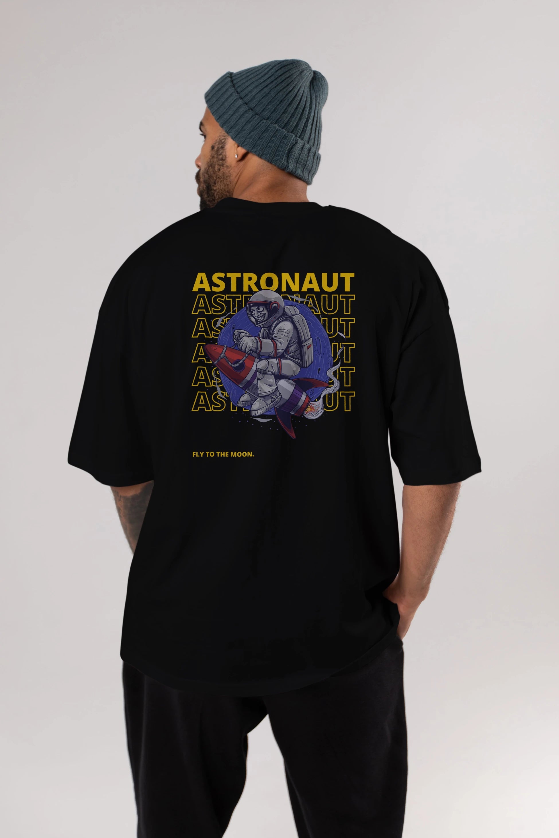 Astronaut Fly to the Moon Yazılı Arka Baskılı Oversize t-shirt Erkek Kadın Unisex