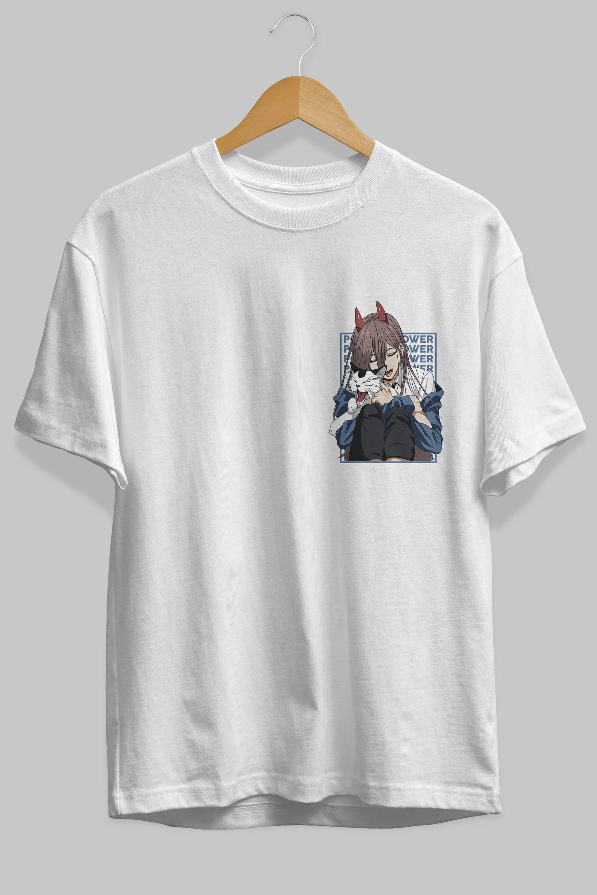 POWER CHAINSAWMAN Ön Sol Baskılı Oversize t-shirt Erkek Kadın Unisex %100 Pamuk Bisiklet Yaka tişort