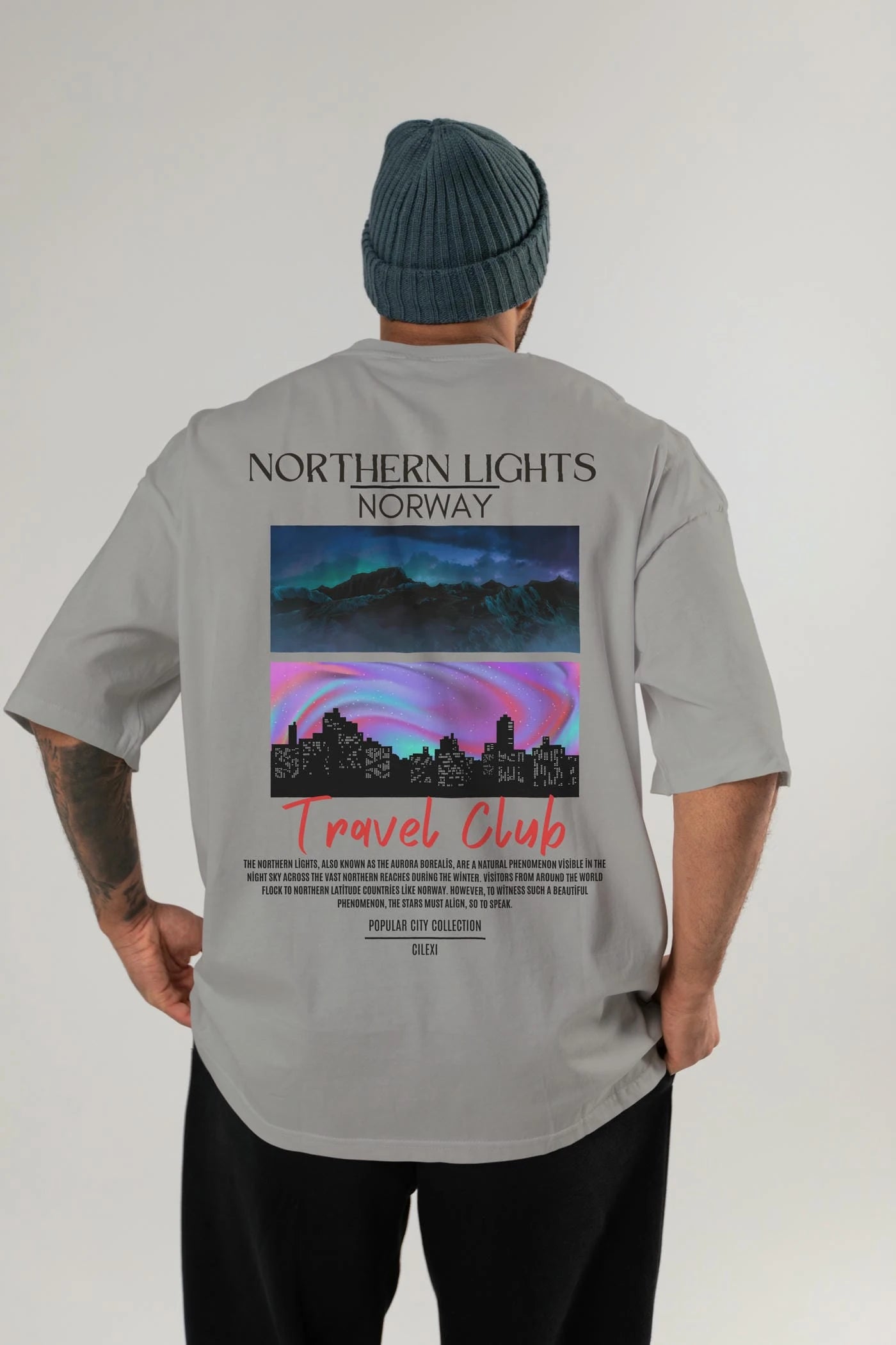 Northern Lights Norway Arka Baskılı Oversize t-shirt Erkek Kadın Pamuk Bisiklet Yaka tişort