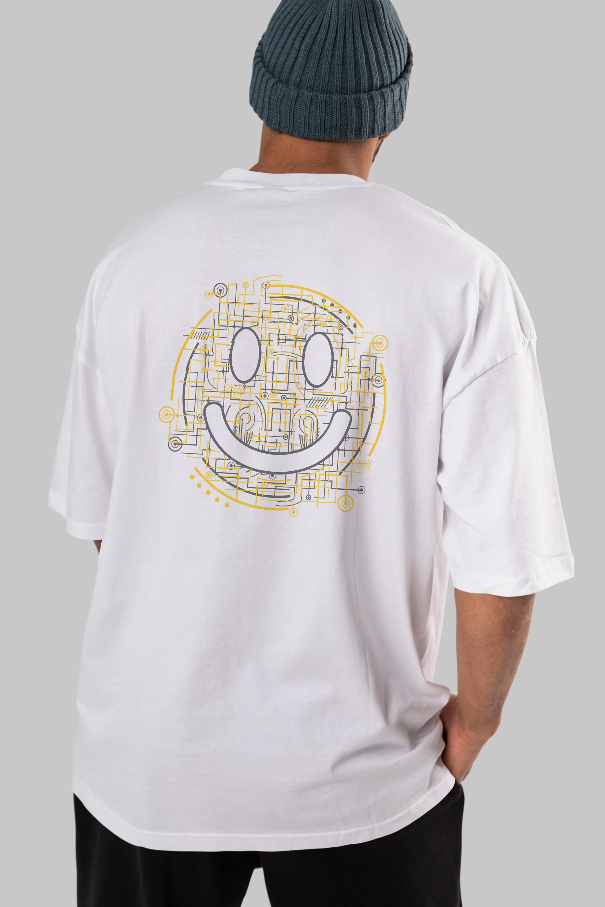 Electric Smiley Arka Baskılı Oversize t-shirt %100 pamuk Erkek Kadın Unisex