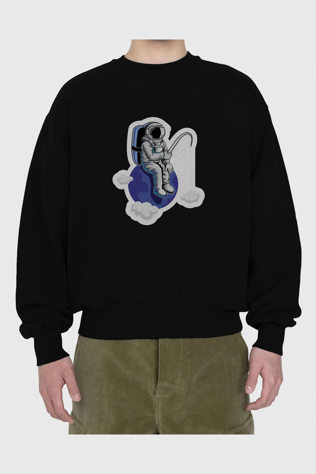 Astronaut Fishing Sticker Ön Baskılı Oversize Sweatshirt Erkek Kadın Unisex