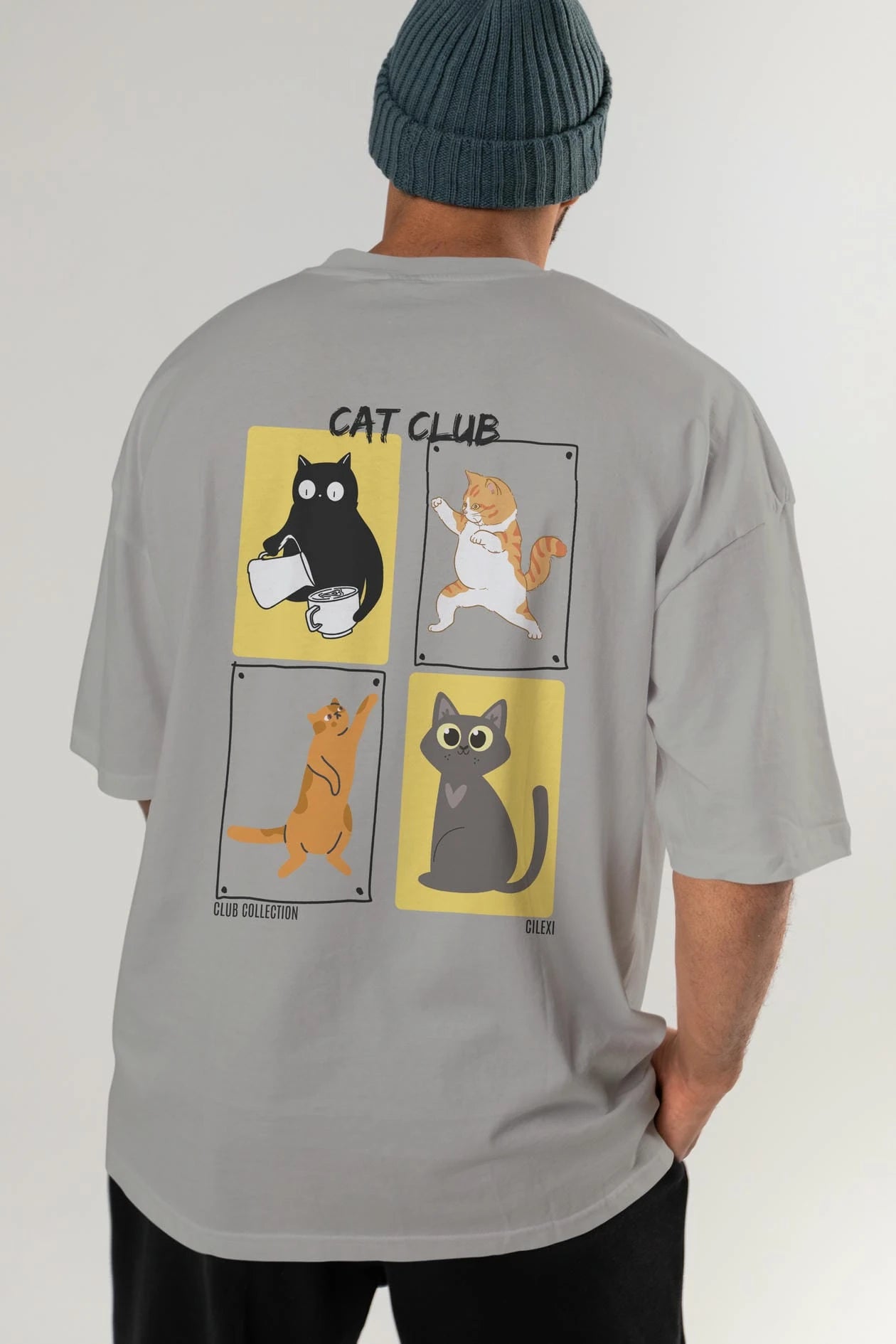 Cat Club Arka Baskılı Oversize t-shirt Erkek Kadın %100 Pamuk Bisiklet Yaka tişort