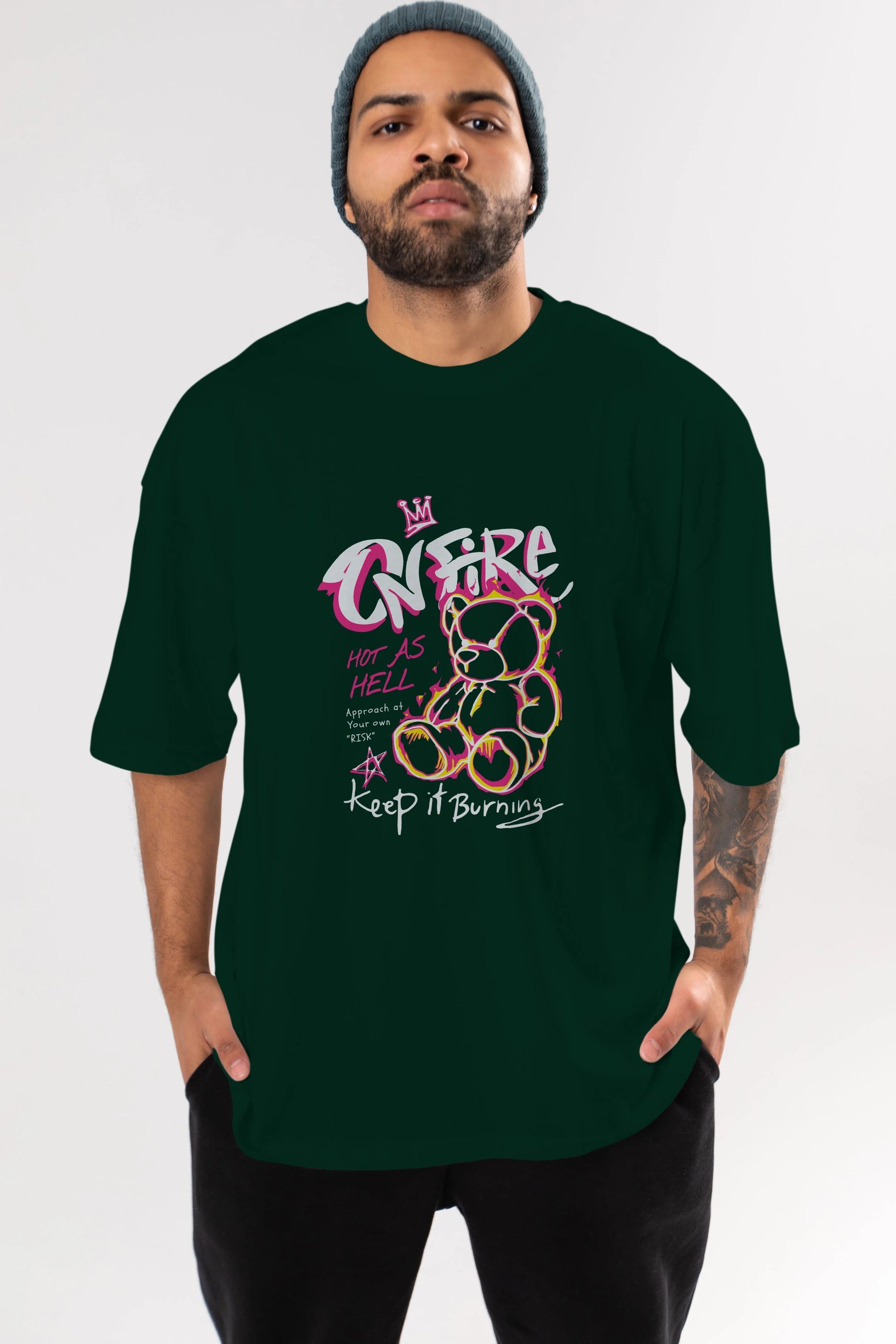 On Fire Bear Ön Baskılı Oversize t-shirt Erkek Kadın Unisex