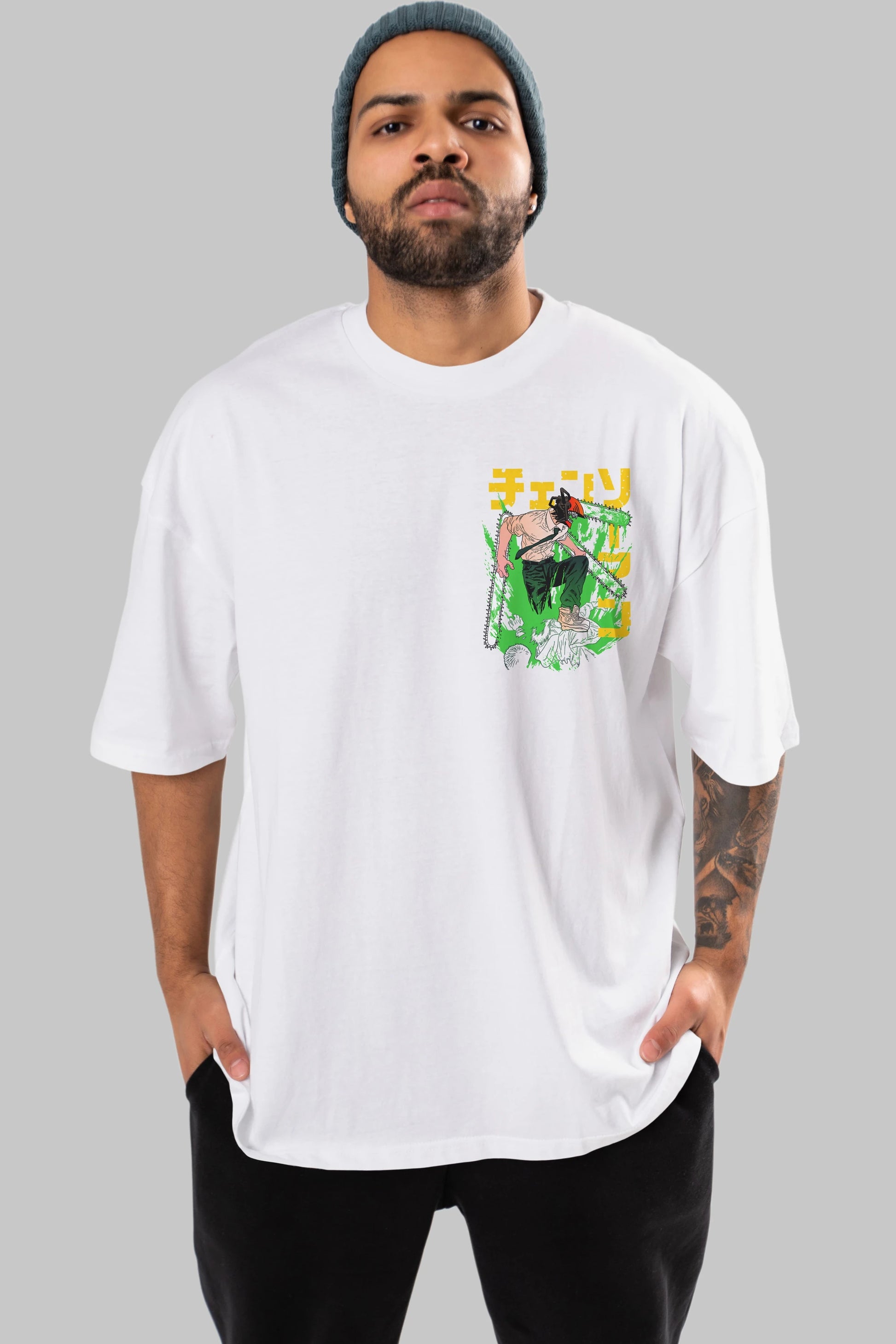CHAINSAWMAN DENJI Ön Sol Baskılı Oversize t-shirt Erkek Kadın Unisex %100 Pamuk Bisiklet Yaka tişort