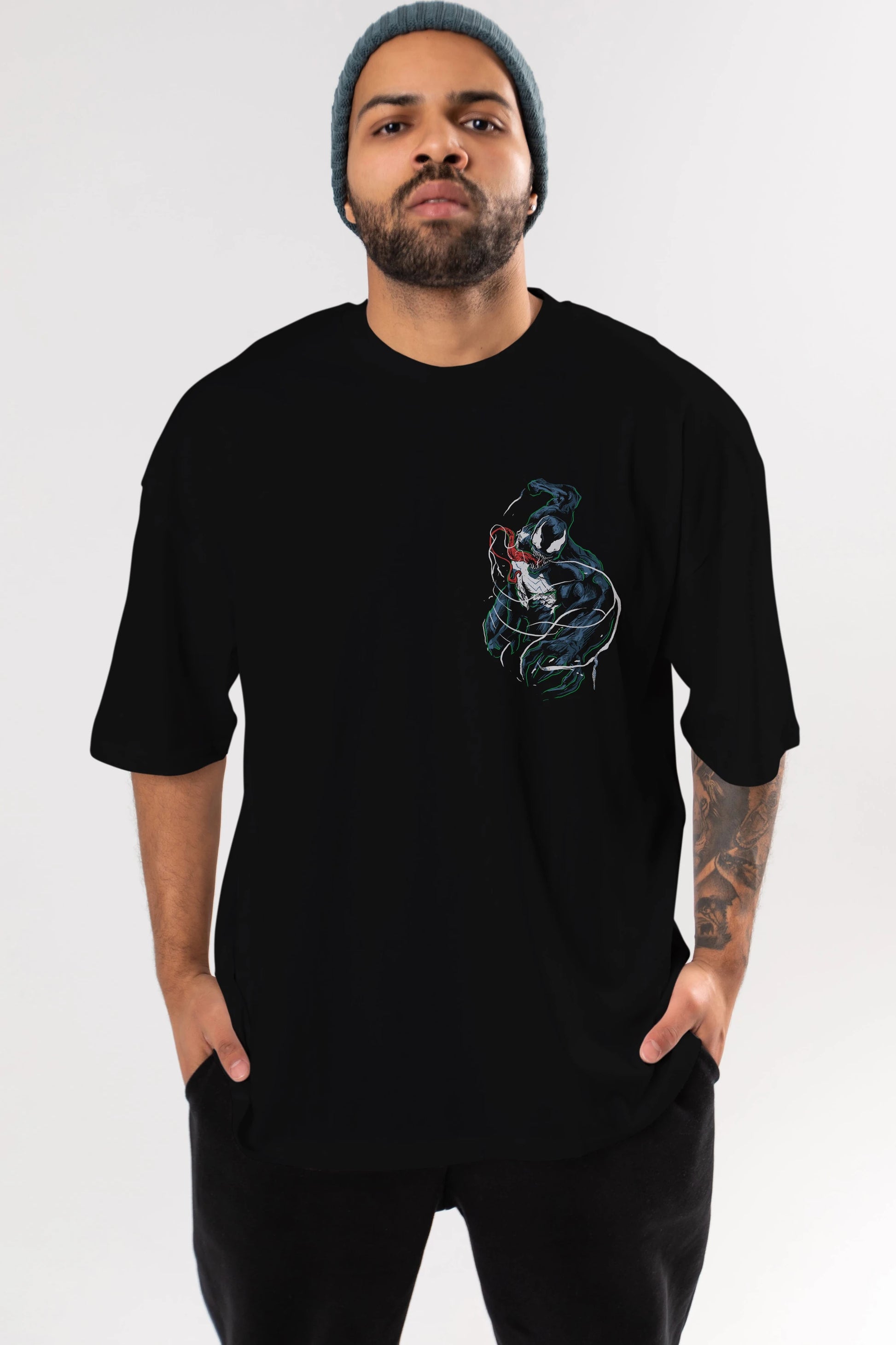 Venom (5) Ön Sol Baskılı Oversize t-shirt Erkek Kadın Unisex %100 Pamuk Bisiklet Yaka tişort