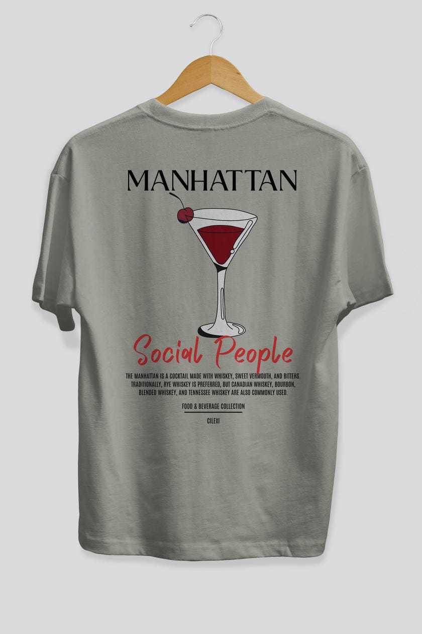 Manhattan Kokteyl Serisi Baskılı Oversize t-shirt Erkek Kadın Unisex %100 Pamuk Bisiklet Yaka tişort