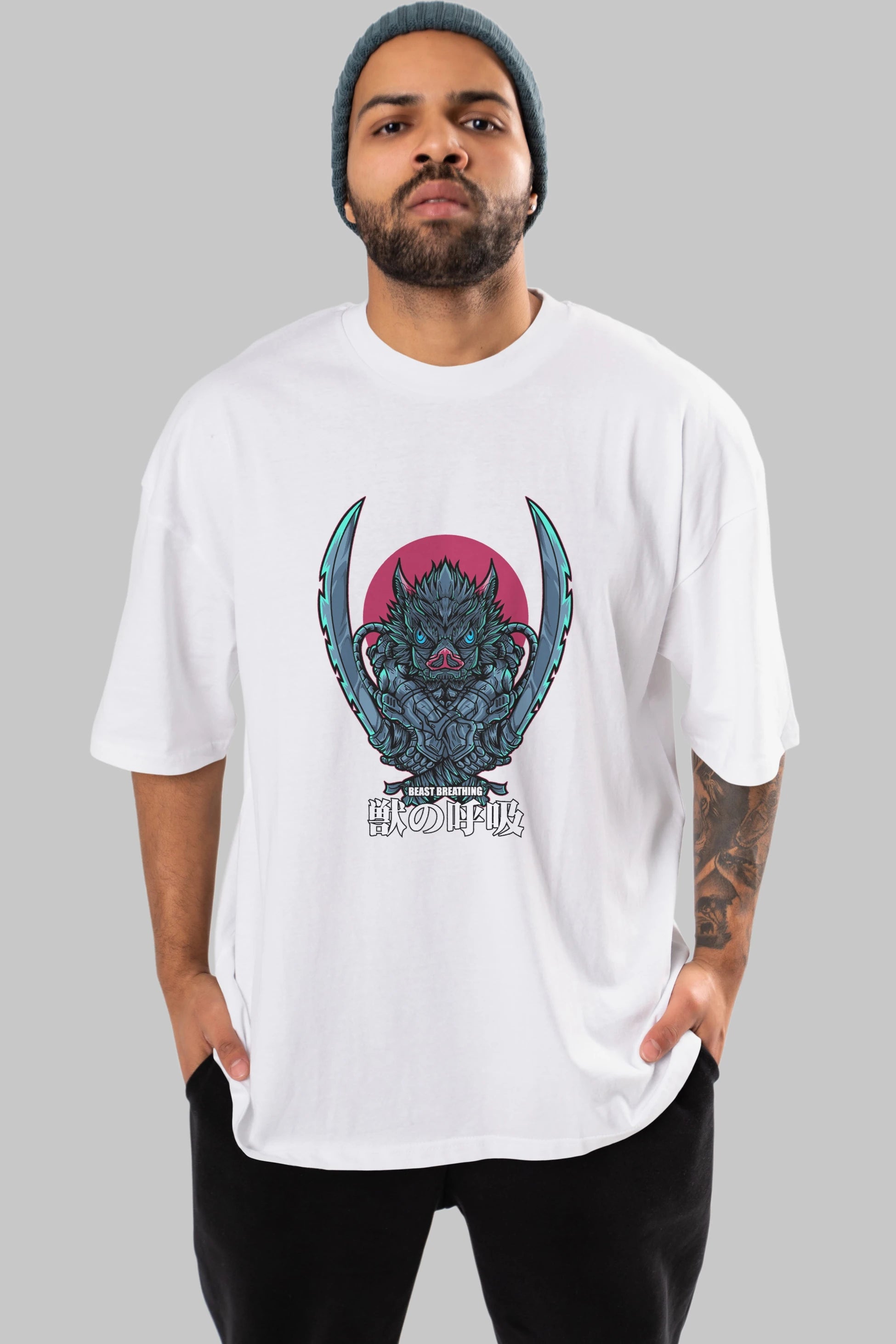 Inosuke DEMON SLAYER Anime Ön Baskılı Oversize t-shirt %100 pamuk Erkek Kadın Unisex