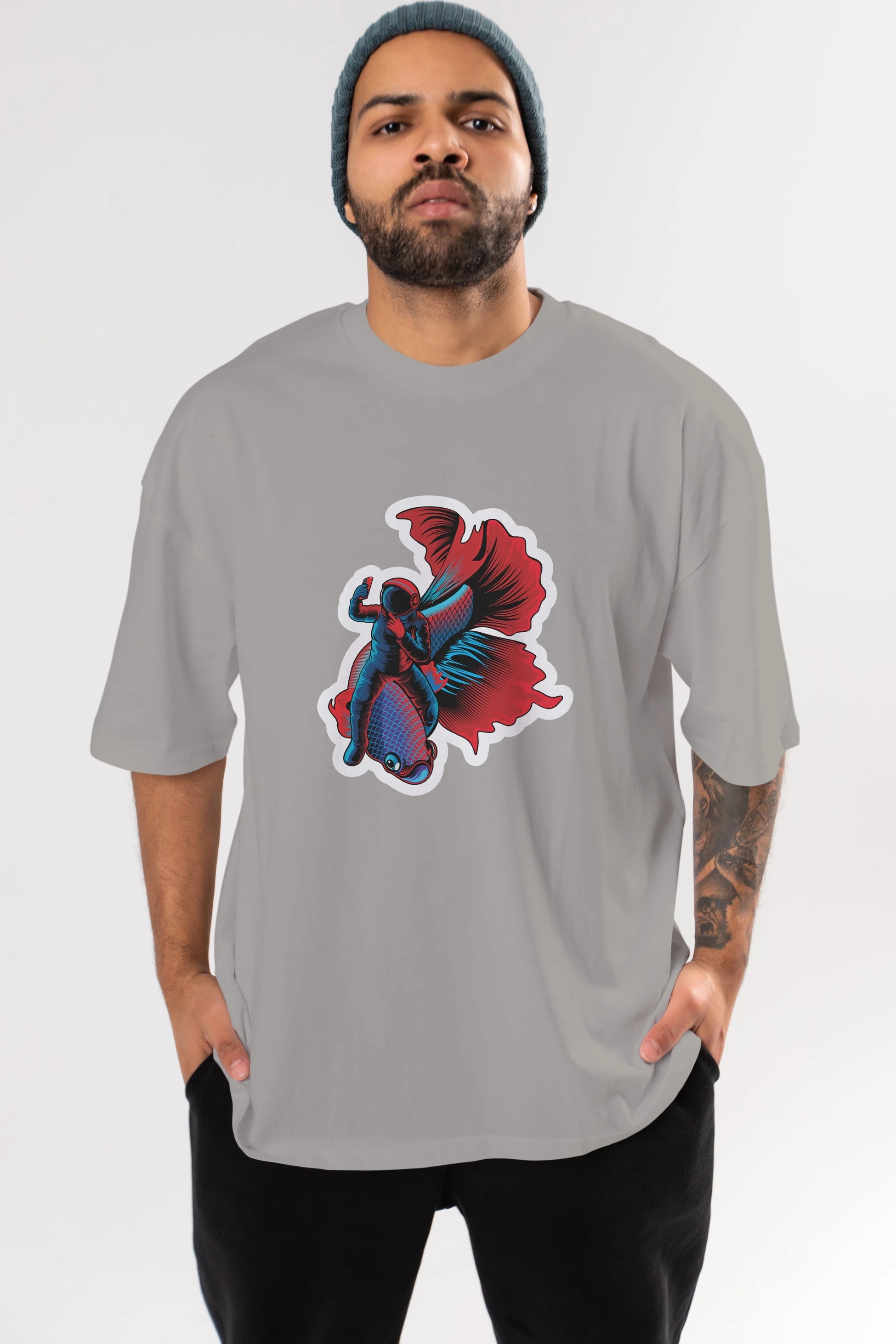 Astrofish selfie sticker Ön Baskılı Oversize t-shirt Erkek Kadın Unisex