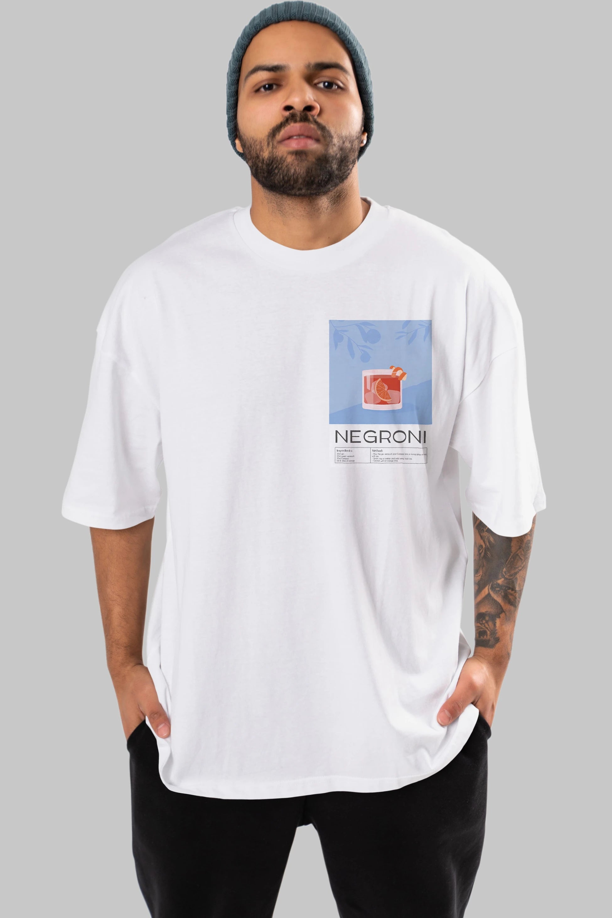 Negroni Ön Sol Baskılı Oversize t-shirt Erkek Kadın Unisex %100 Pamuk Bisiklet Yaka tişort