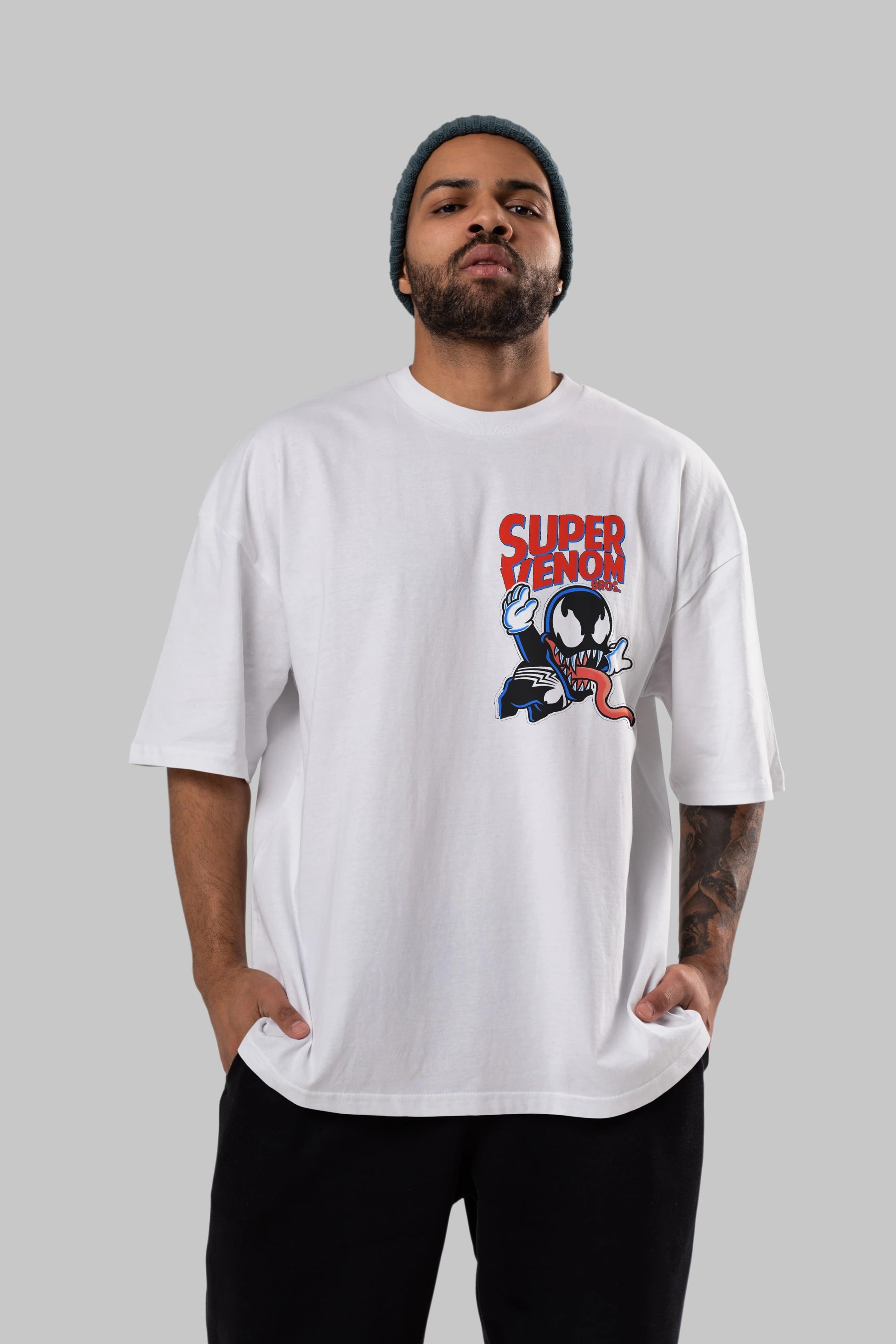 Super Venom Ön Sol Baskılı Oversize t-shirt Erkek Kadın Unisex %100 Pamuk Bisiklet Yaka tişort