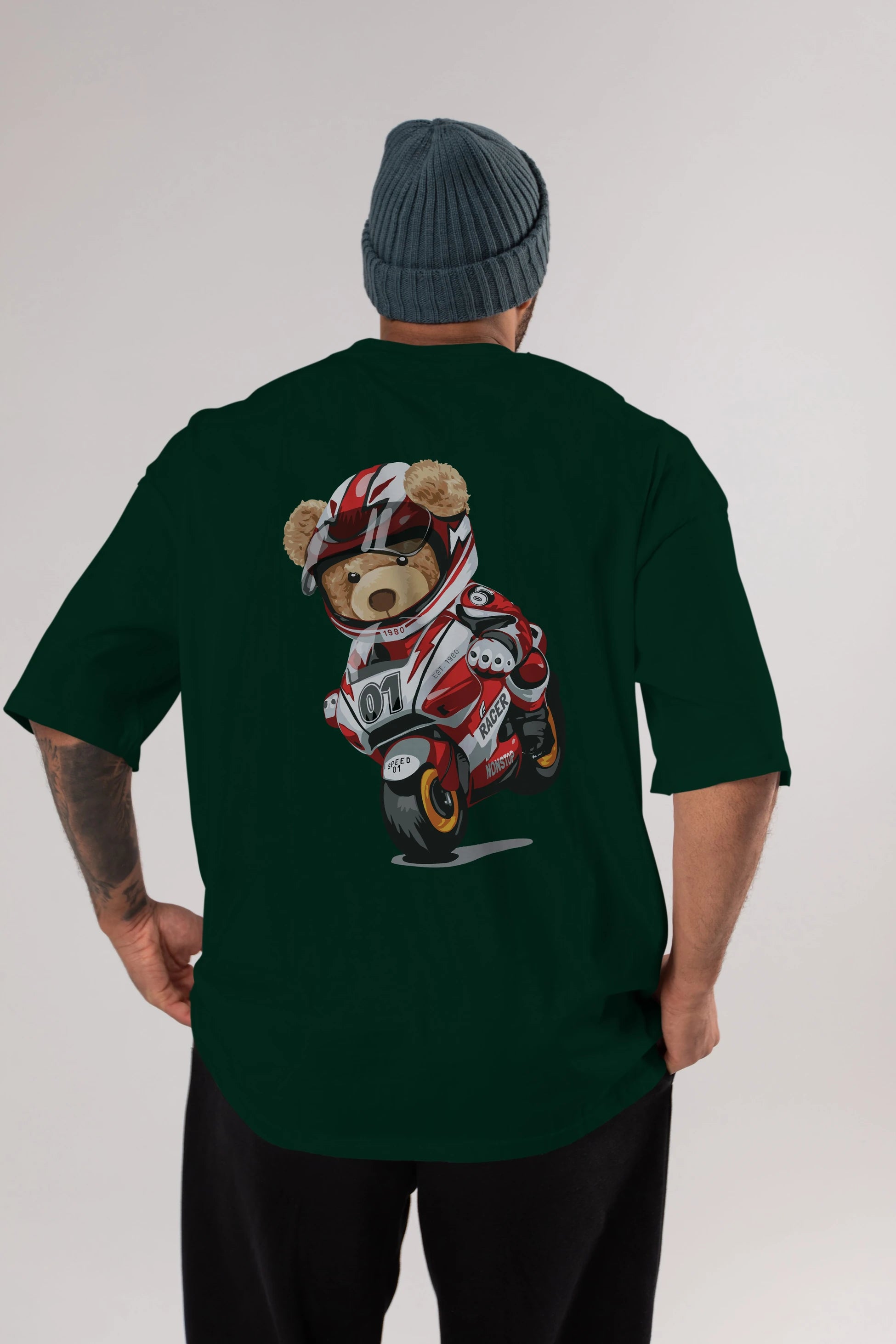 Teddy Bear Racer Arka Baskılı Oversize t-shirt Erkek Kadın Unisex %100 Pamuk