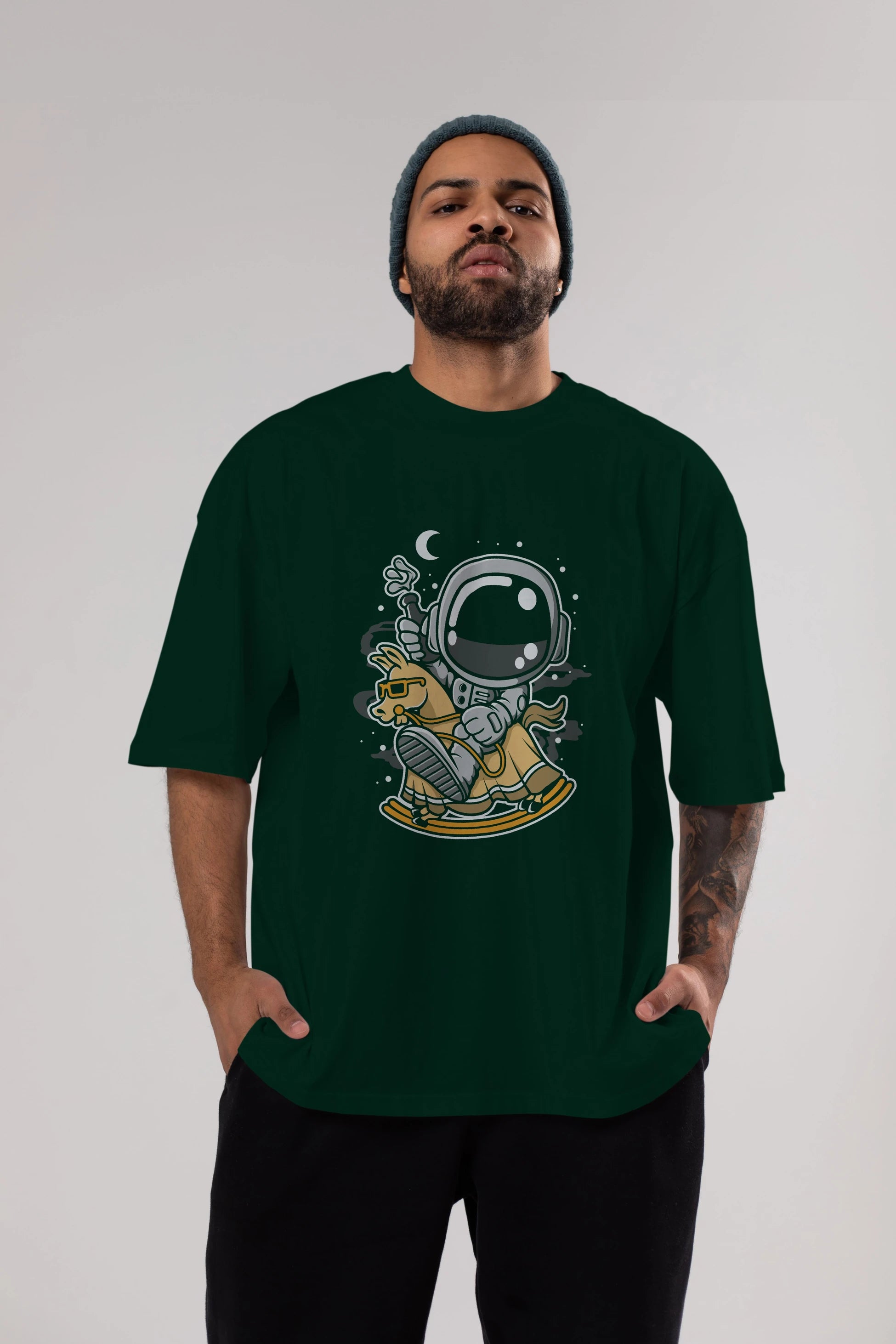 Astronaut RidingToy Horse Ön Baskılı Oversize t-shirt Erkek Kadın Unisex