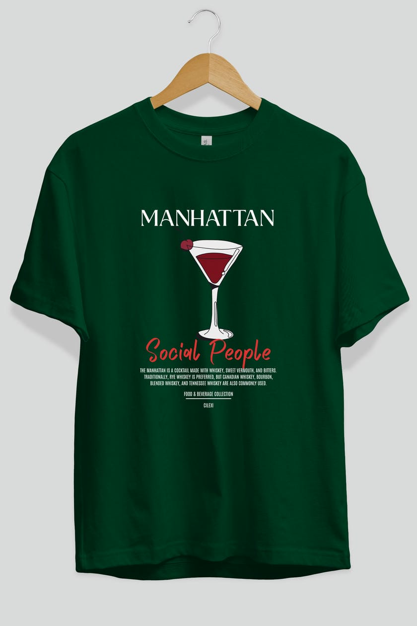Manhattan Kokteyl Serisi ön Baskılı Oversize t-shirt Erkek Kadın %100 Pamuk Bisiklet Yaka tişort