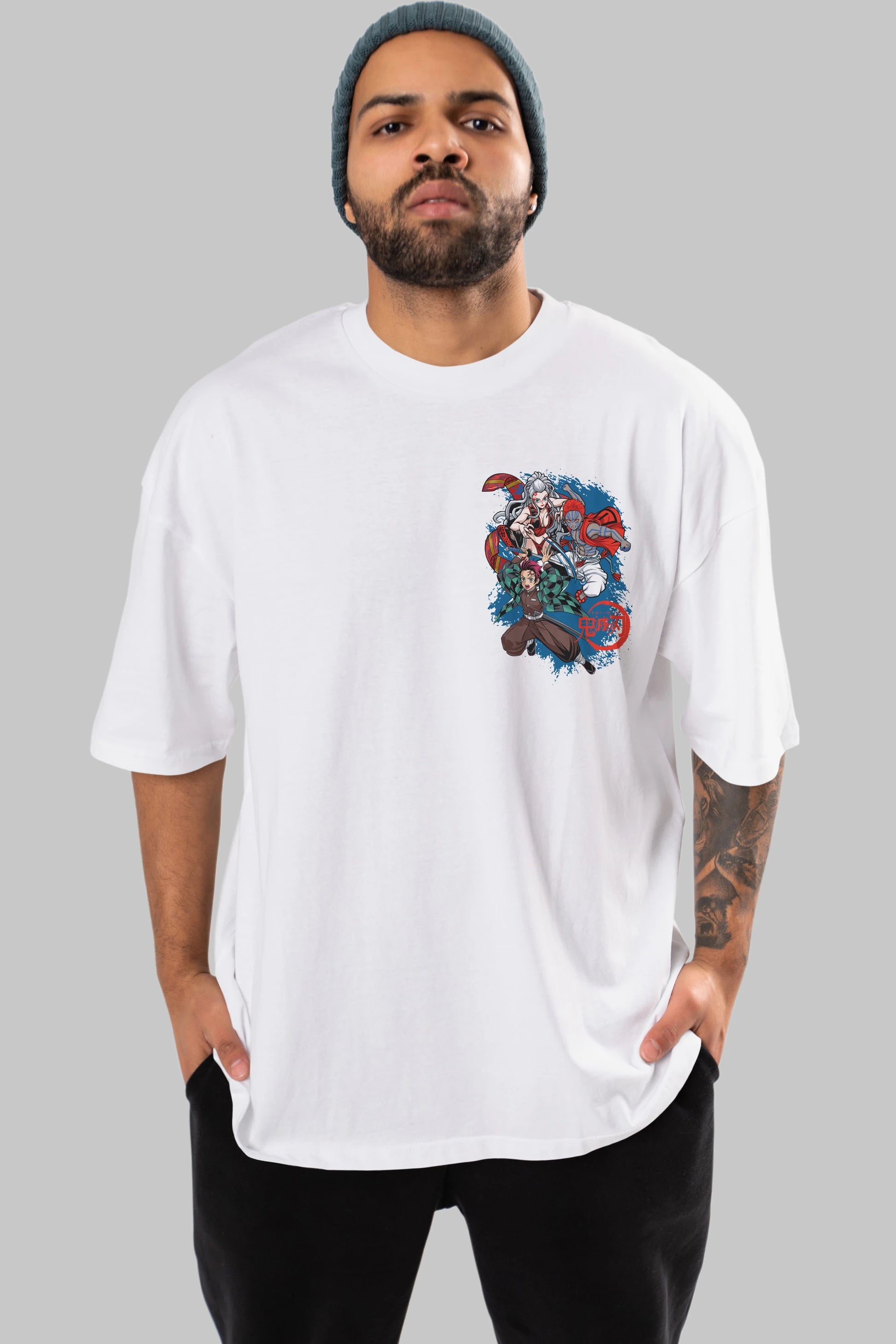 TANJIRO ,AKAZA,DAKI Ön Sol Baskılı Oversize t-shirt Erkek Kadın Unisex %100 Pamuk Bisiklet Yaka tişort