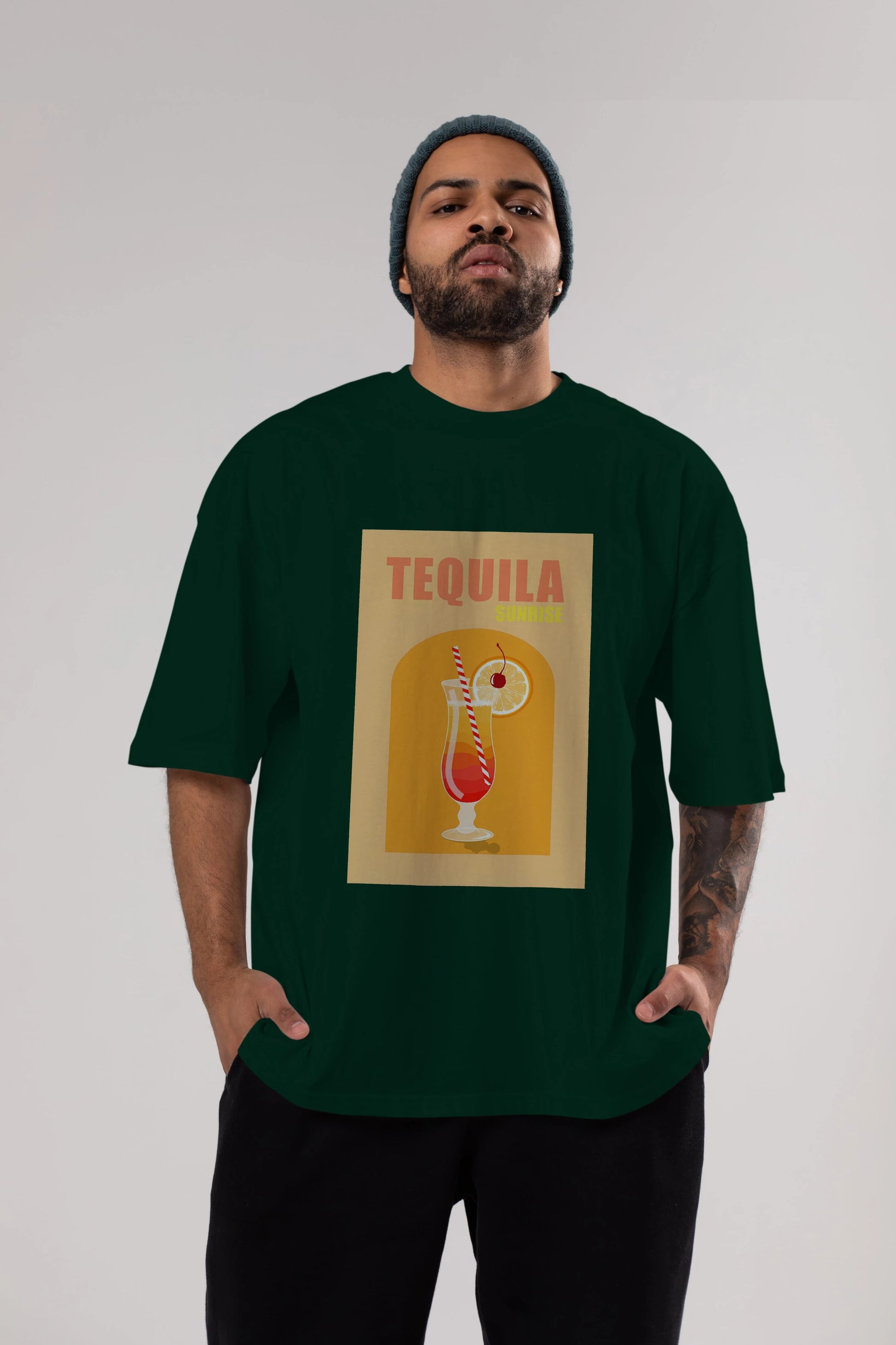 Tequila Sunrise Ön Baskılı Oversize t-shirt Erkek Kadın Unisex %100 Pamuk Bisiklet Yaka tişort