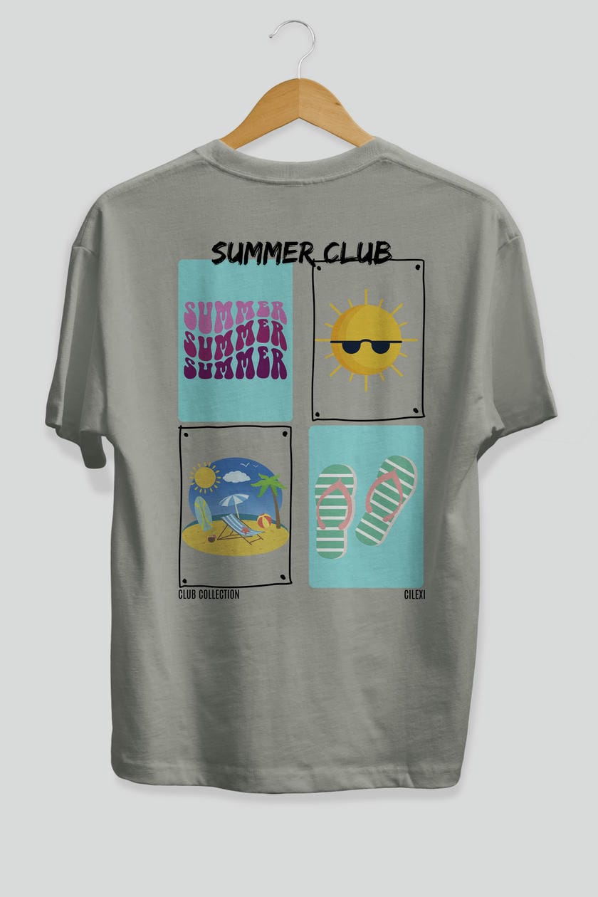 Summer Club Arka Baskılı Oversize t-shirt Erkek Kadın %100 Pamuk Bisiklet Yaka tişort