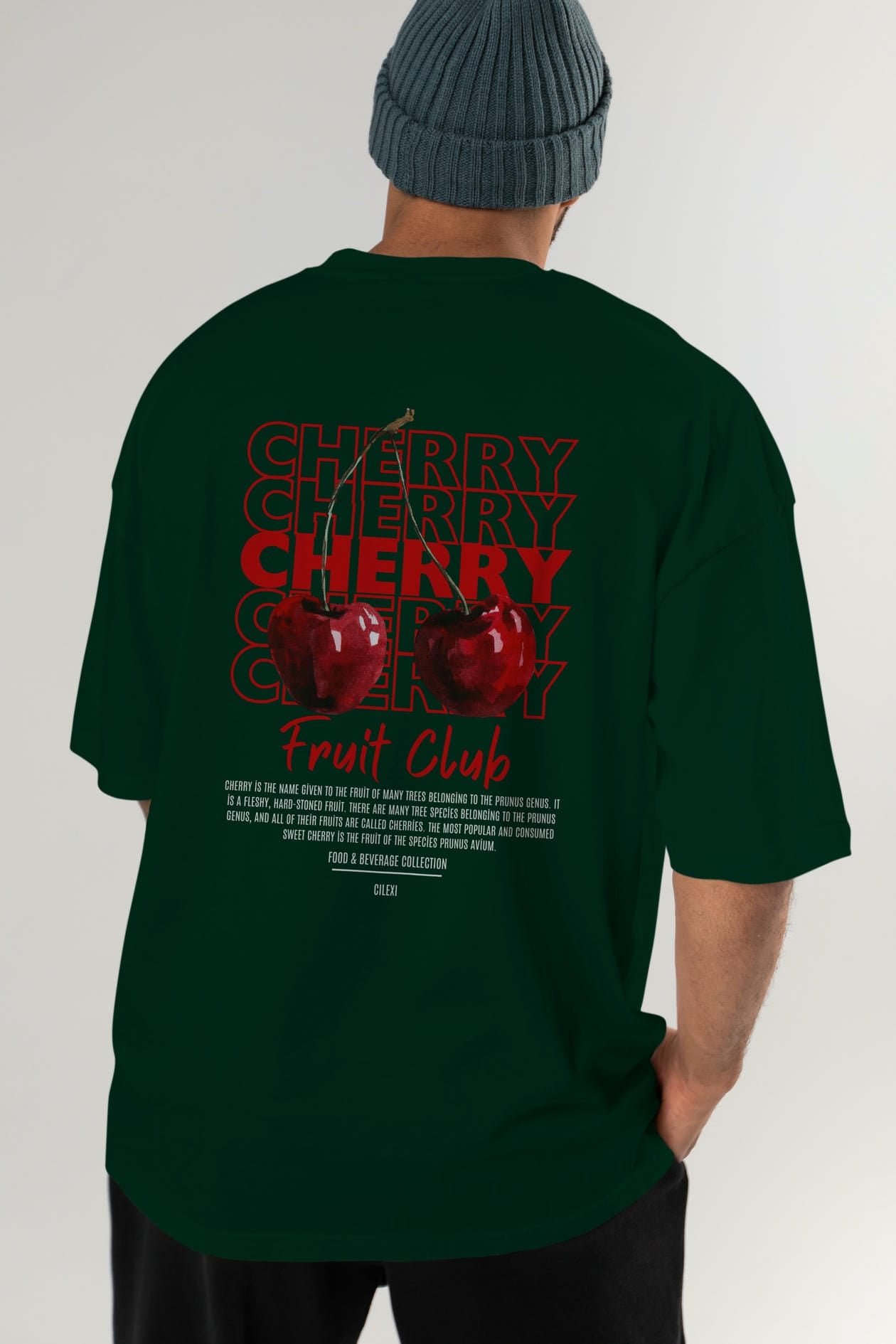 Cherry Arka Baskılı Oversize t-shirt Erkek Kadın Pamuk Bisiklet Yaka tişort