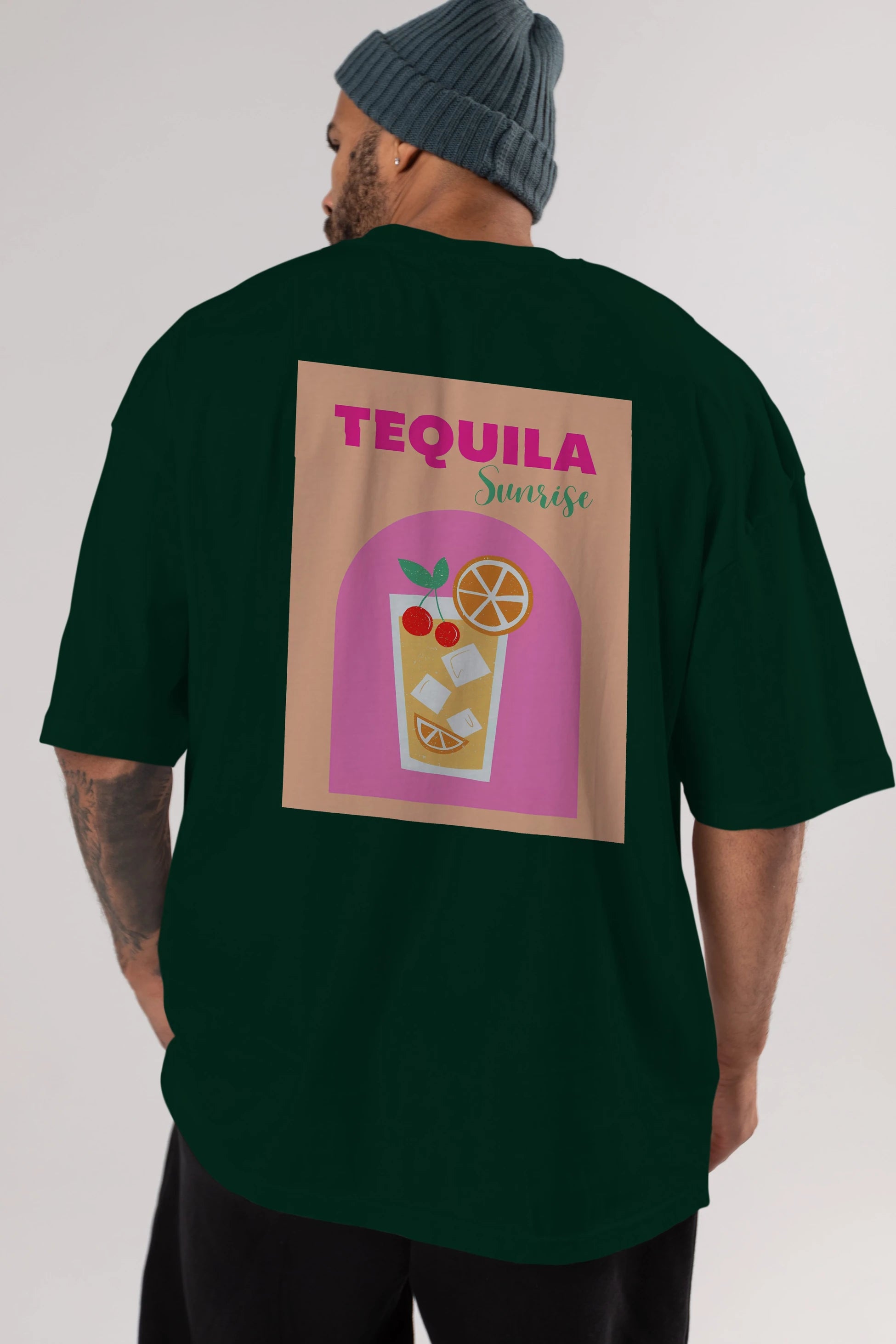 Tequila Sunrise 2 Arka Baskılı Oversize t-shirt Erkek Kadın Unisex %100 Pamuk Bisiklet Yaka tişort