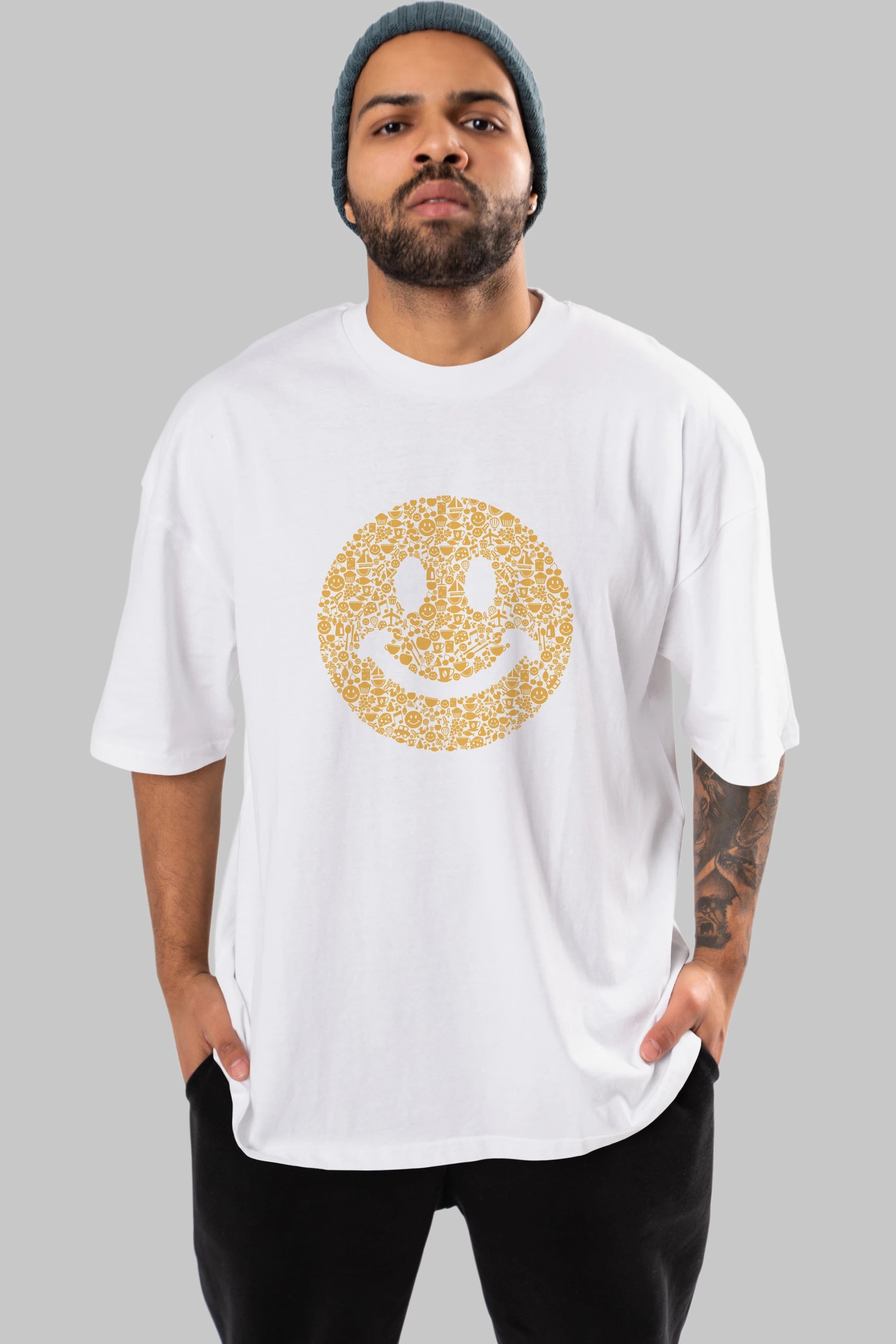 Smiley Ön Baskılı Oversize t-shirt %100 pamuk Erkek Kadın Unisex