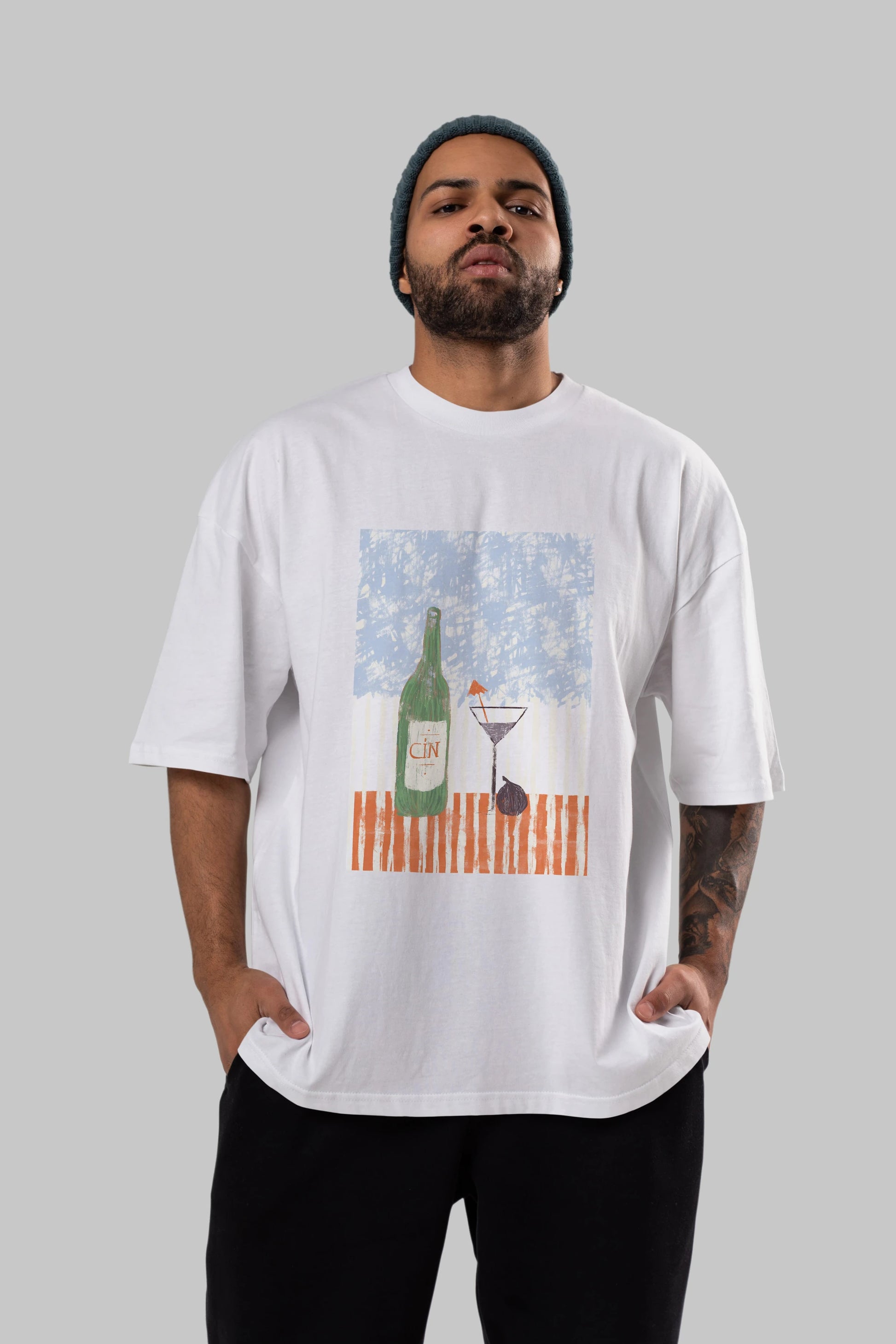 Gin Ön Baskılı Oversize t-shirt Erkek Kadın Unisex %100 Pamuk Bisiklet Yaka tişort