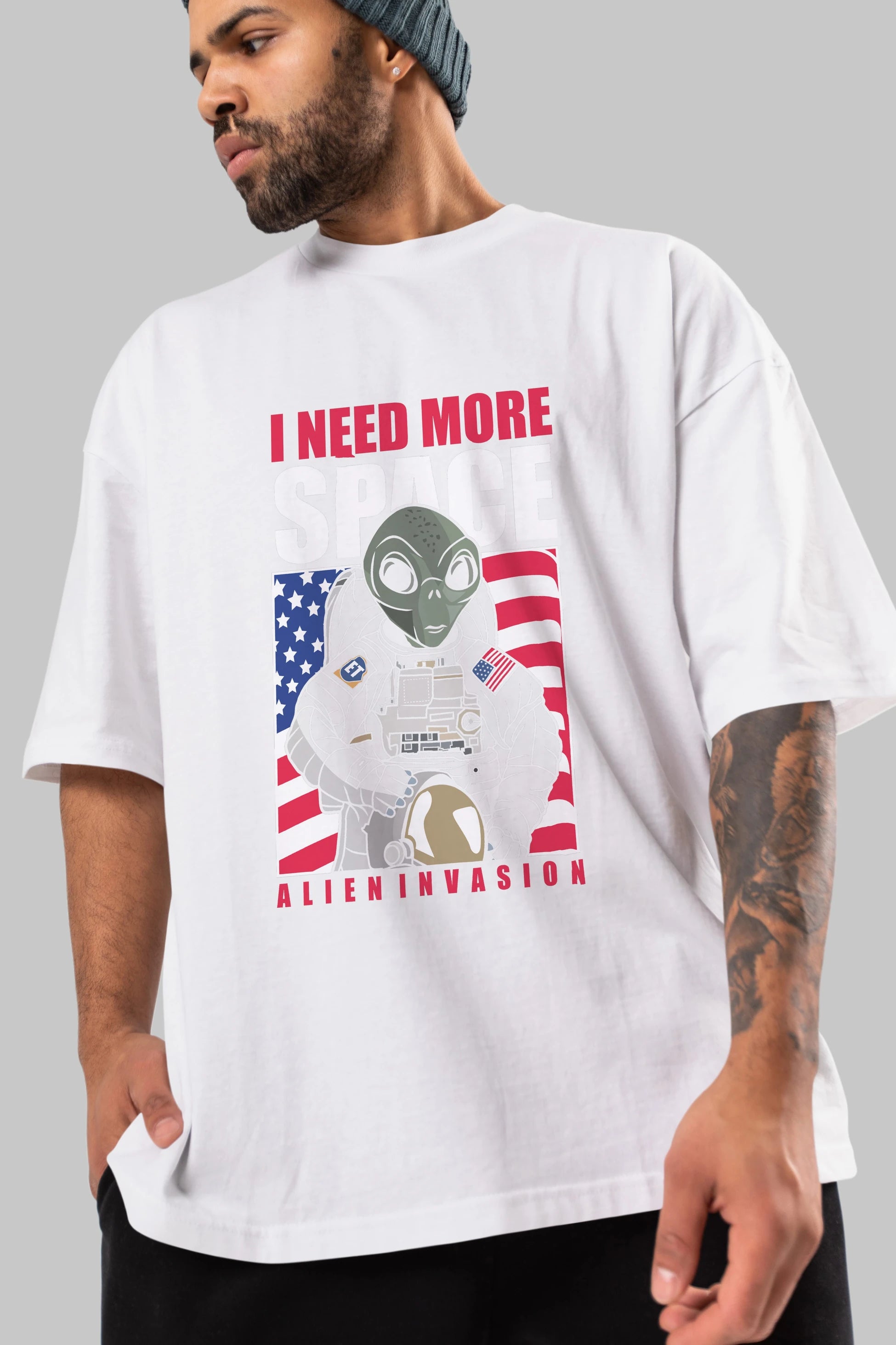 Alien Astronaut Ön Baskılı Oversize t-shirt Erkek Kadın Unisex %100 Pamuk tişort