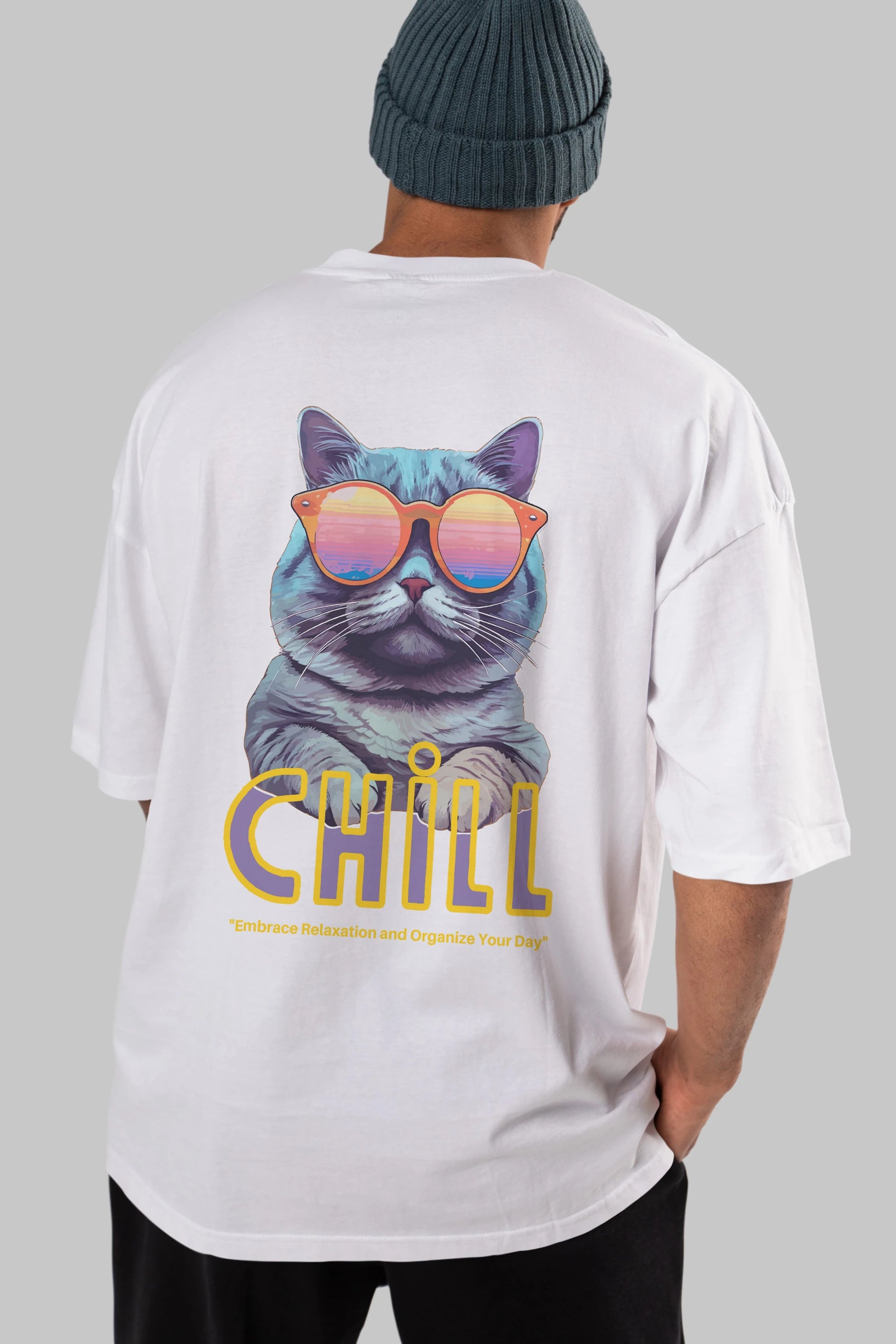Chill Cat Arka Baskılı Oversize t-shirt Erkek Kadın Unisex