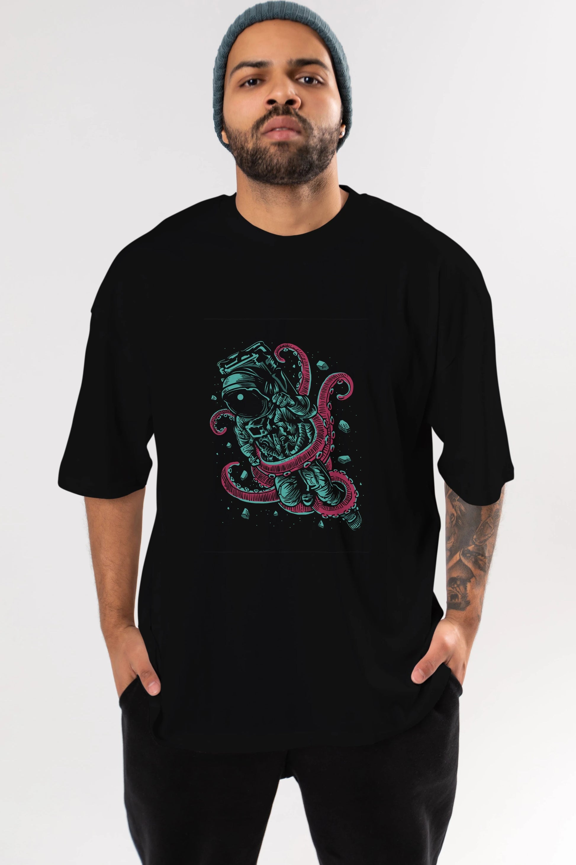 Astronaut Octopus Ön Baskılı Oversize t-shirt Erkek Kadın Unisex %100 Pamuk tişort