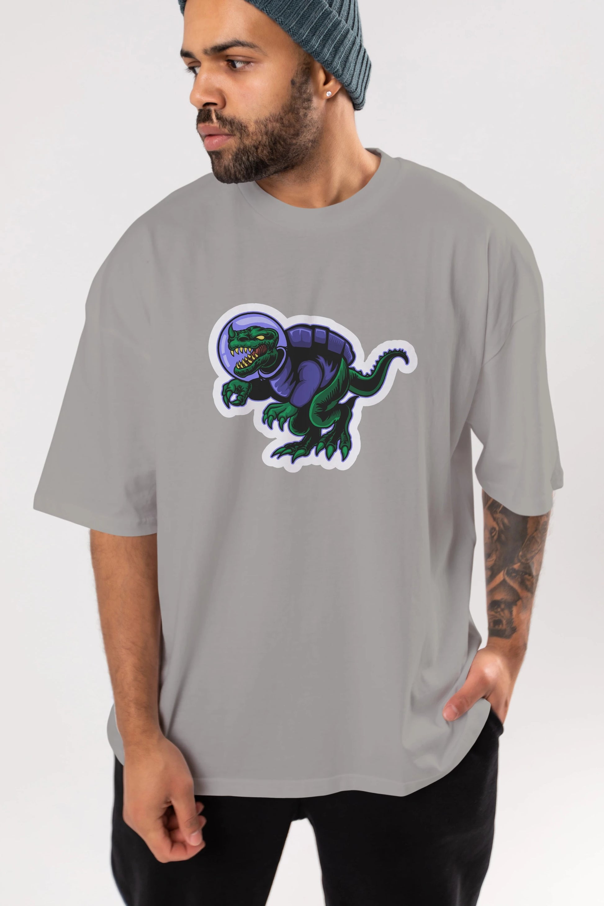 Space Dino Sticker Ön Baskılı Oversize t-shirt Erkek Kadın Unisex