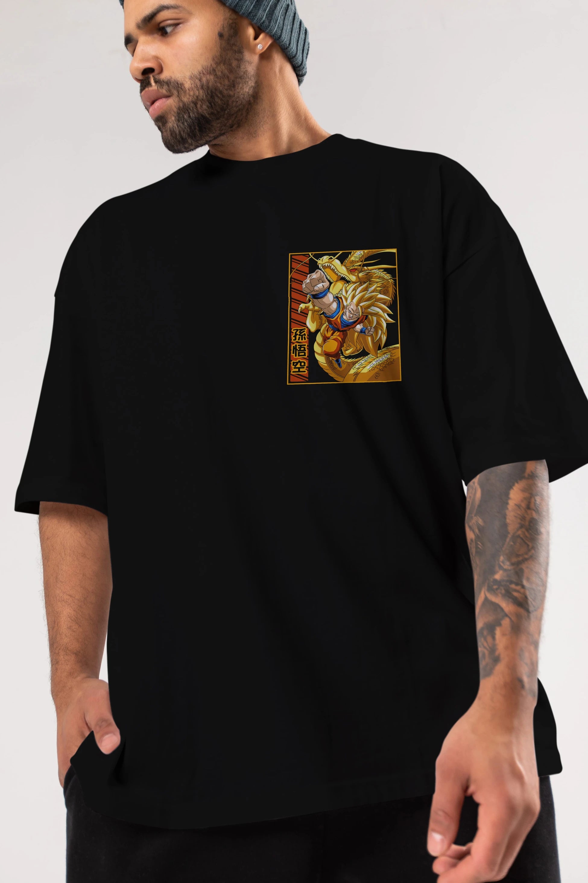 DragonBall Goku Ön Sol Baskılı Oversize t-shirt Erkek Kadın Unisex %100 Pamuk Bisiklet Yaka tişort