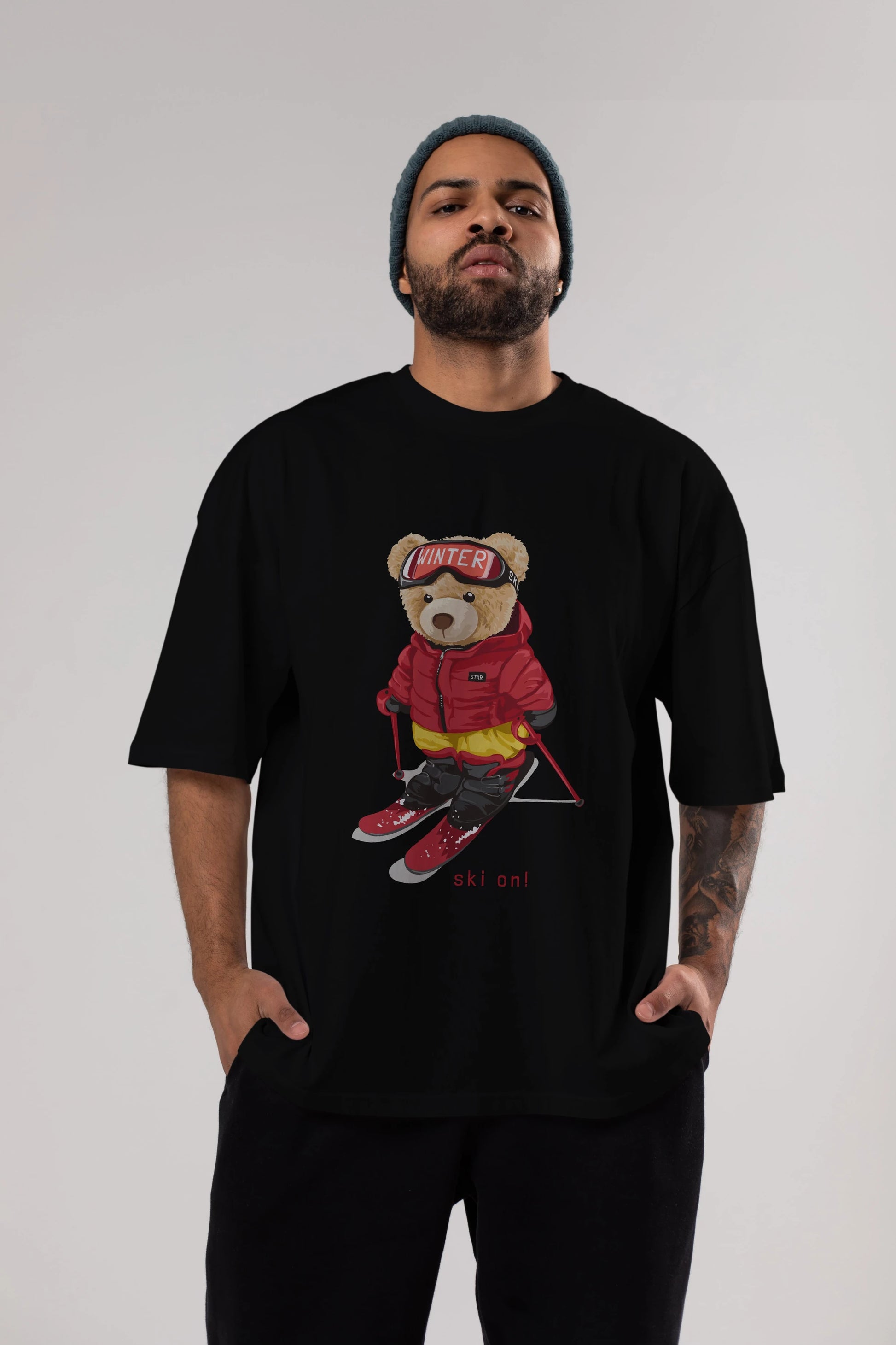 Teddy Bear Ski On Ön Baskılı Oversize t-shirt Erkek Kadın Unisex %100 Pamuk