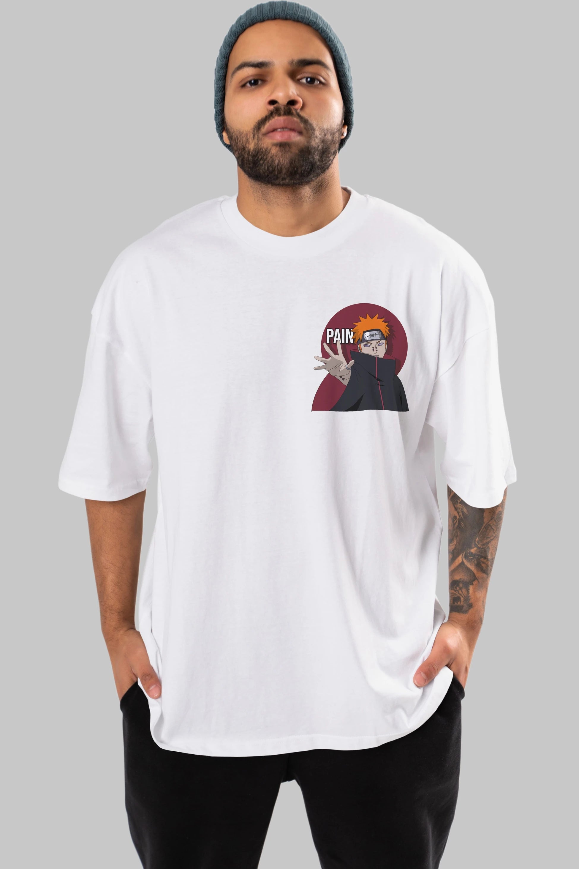 PAIN NARUTO Ön Sol Baskılı Oversize t-shirt Erkek Kadın Unisex %100 Pamuk Bisiklet Yaka tişort