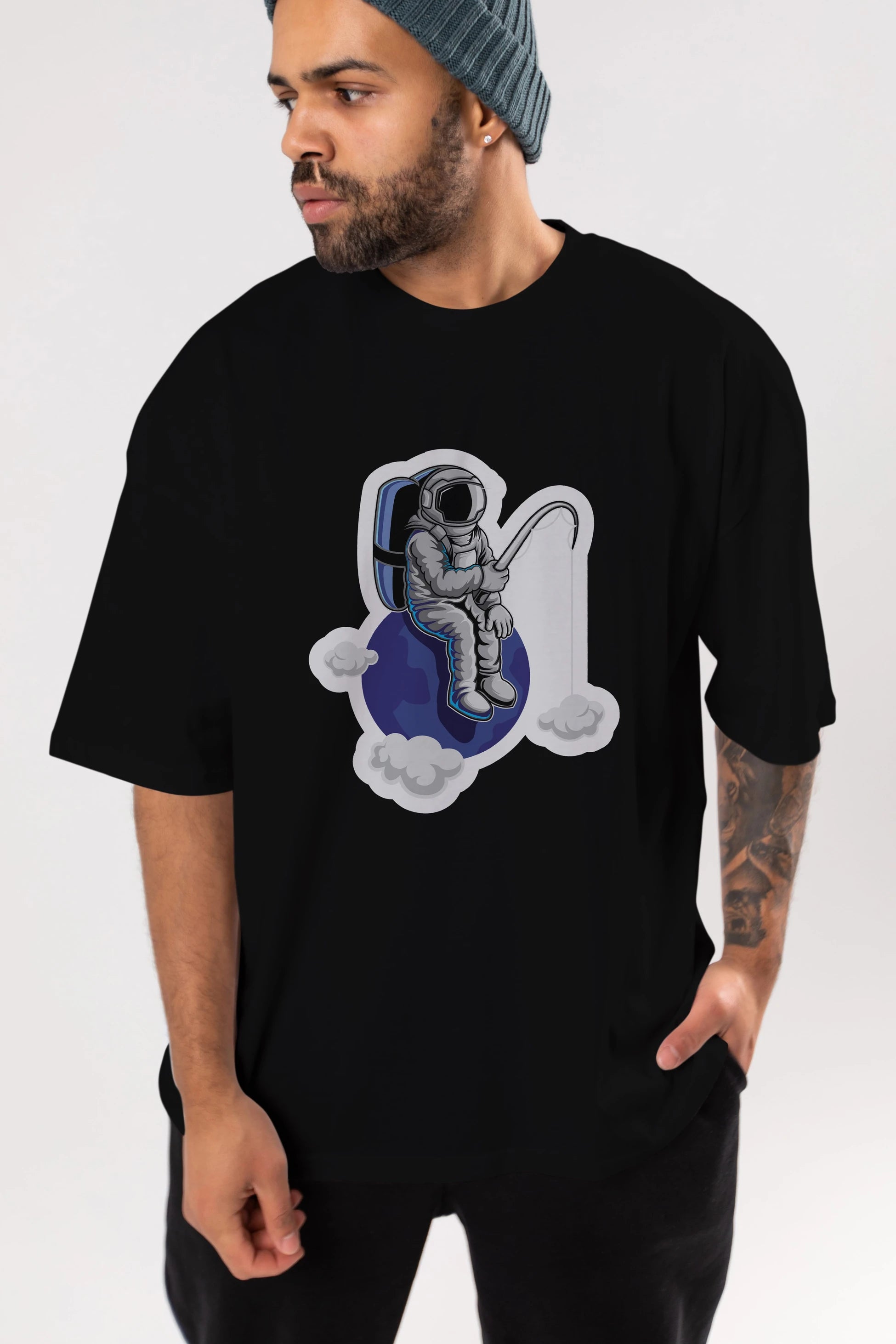 Astronaut Fishing Sticker Ön Baskılı Oversize t-shirt Erkek Kadın Unisex
