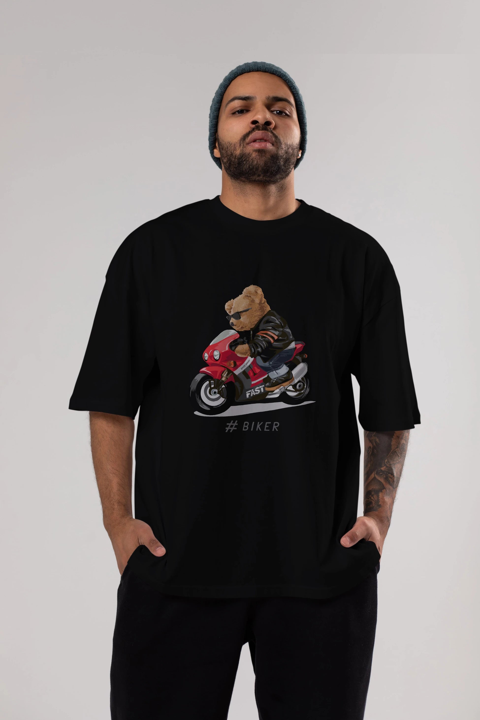 Teddy Bear Biker Ön Baskılı Oversize t-shirt Erkek Kadın Unisex %100 Pamuk