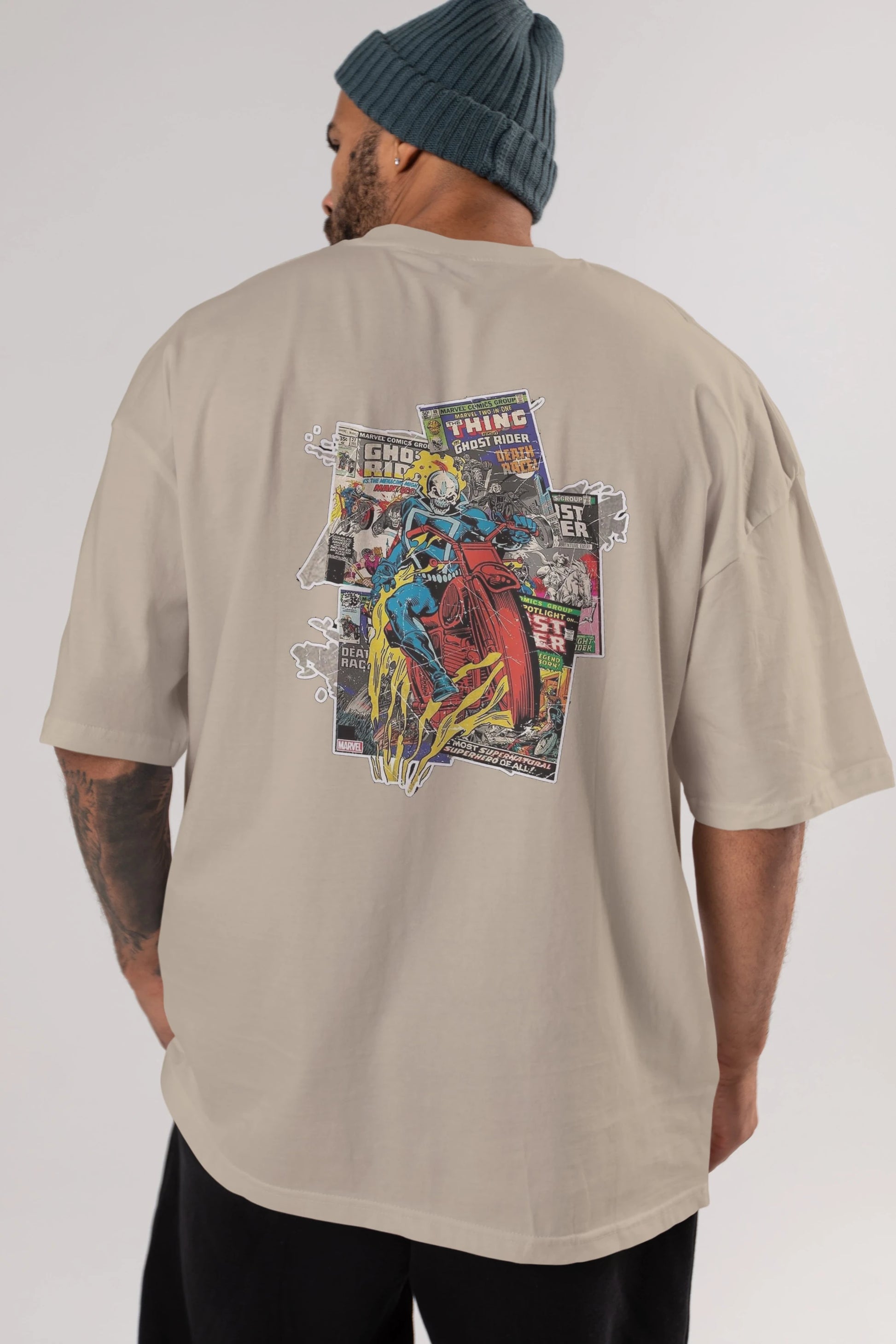 Ghost Rider Arka Baskılı Oversize t-shirt Erkek Kadın Unisex %100 Pamuk Bisiklet Yaka tişort